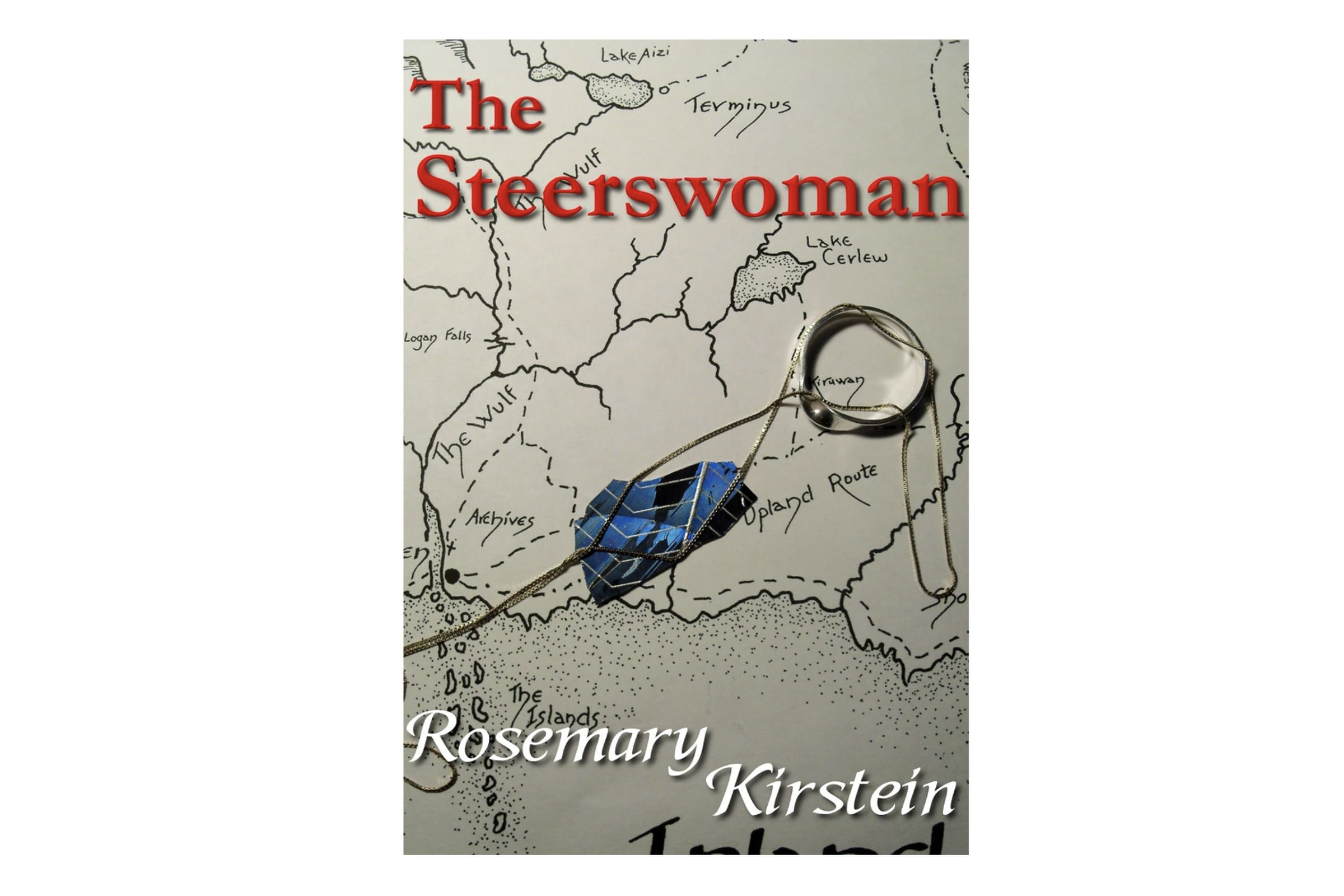 Book cover for The Steerswoman by Rosemary Kirstein showing a ring and a blue piece of material on top of a map