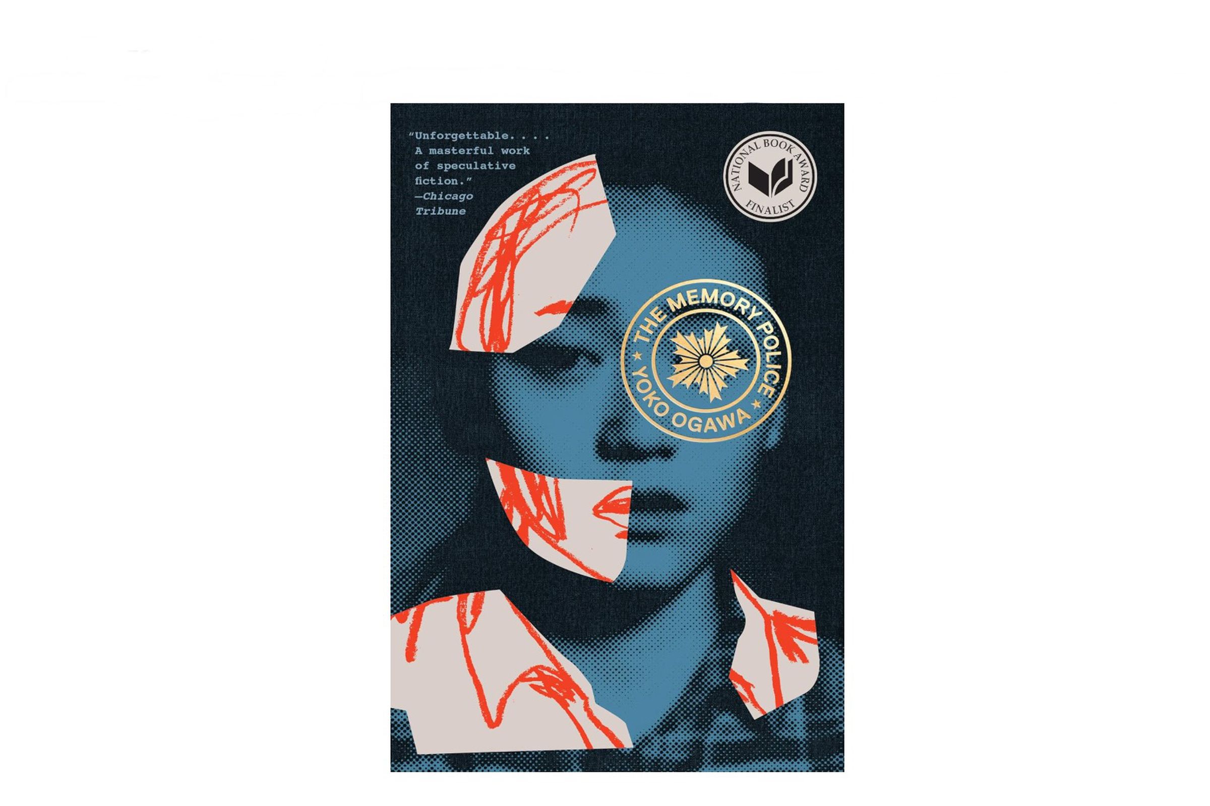 Book cover for The Memory Police by Yoko Ogawa, translated by Stephen Snyder showing woman’s face in blue with white and red cutouts