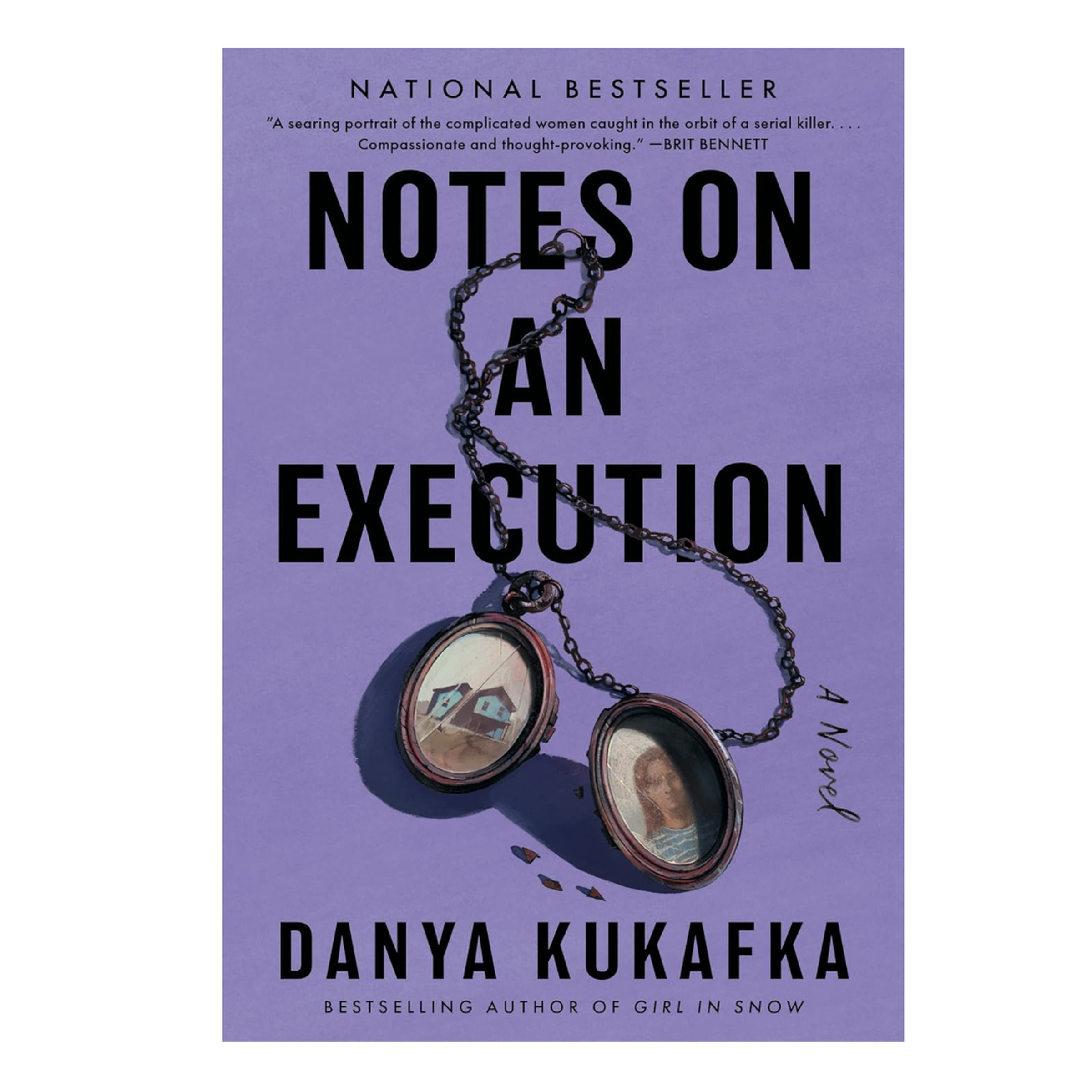 Book cover for Notes on an Execution by Danya Kukafka, showing a necklace with two photo lockets against a purple background