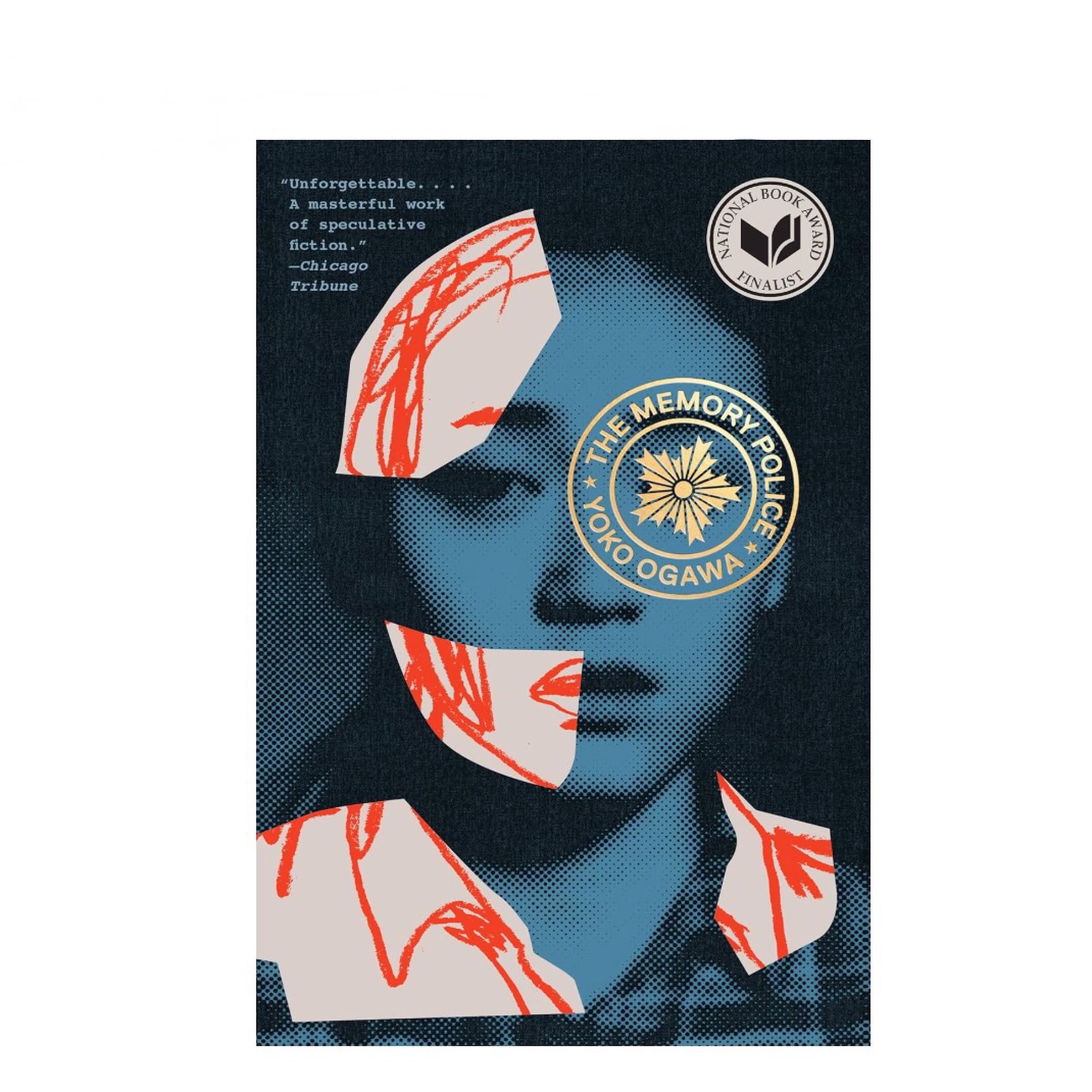 Book cover for The Memory Police by Yoko Ogawa, translated by Stephen Snyder showing woman’s face in blue with white and red cutouts