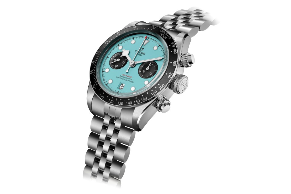 Tudor Black Bay Chrono “Flamingo Blue” on white background