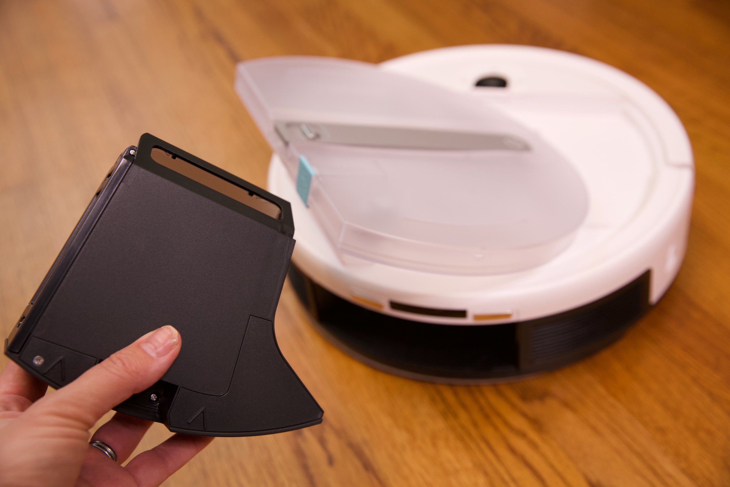 The Yeedi has a big onboard bin and a large 1-litre water tank that it carries with it.