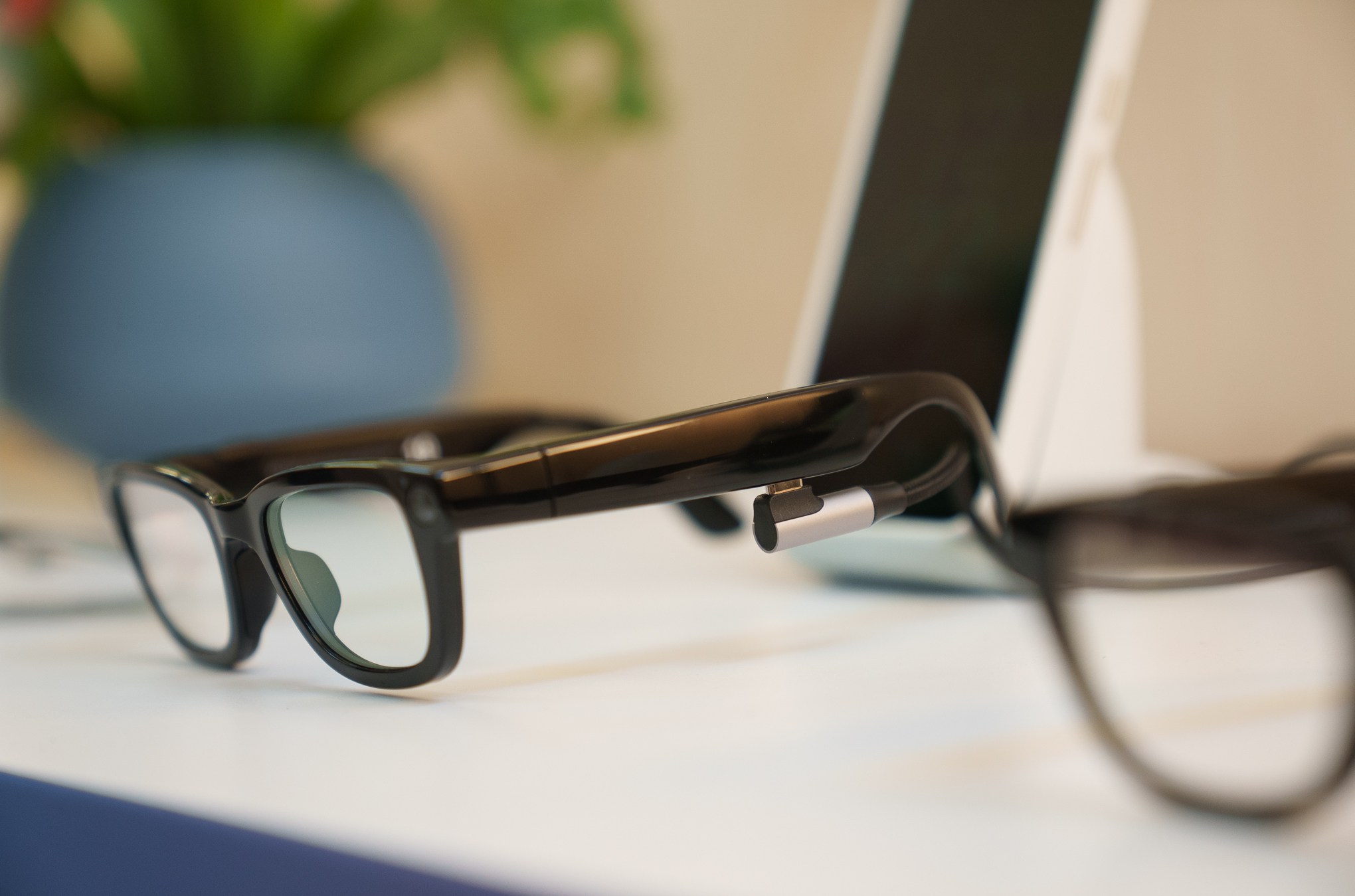 Close up of the Android XR prototype glasses.