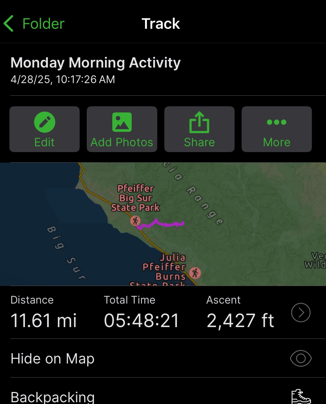 A screenshot from a cell phone, showing the recording of my hike on Gaia GPS
