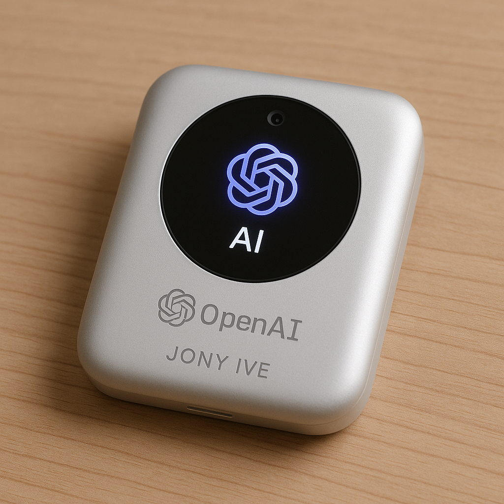 A render of OpenAI and Jony Ive's AI hardware device on a wood table