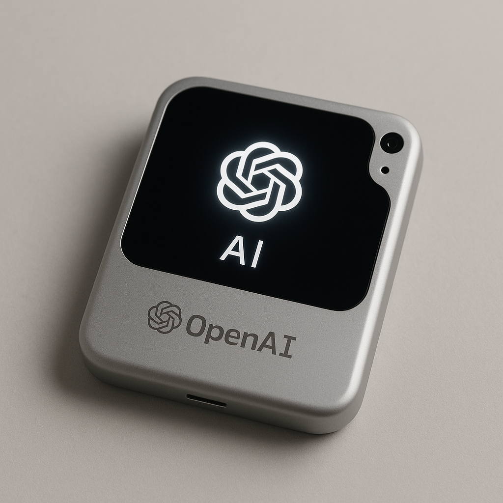A render of OpenAI and Jony Ive's AI hardware device against a grey background