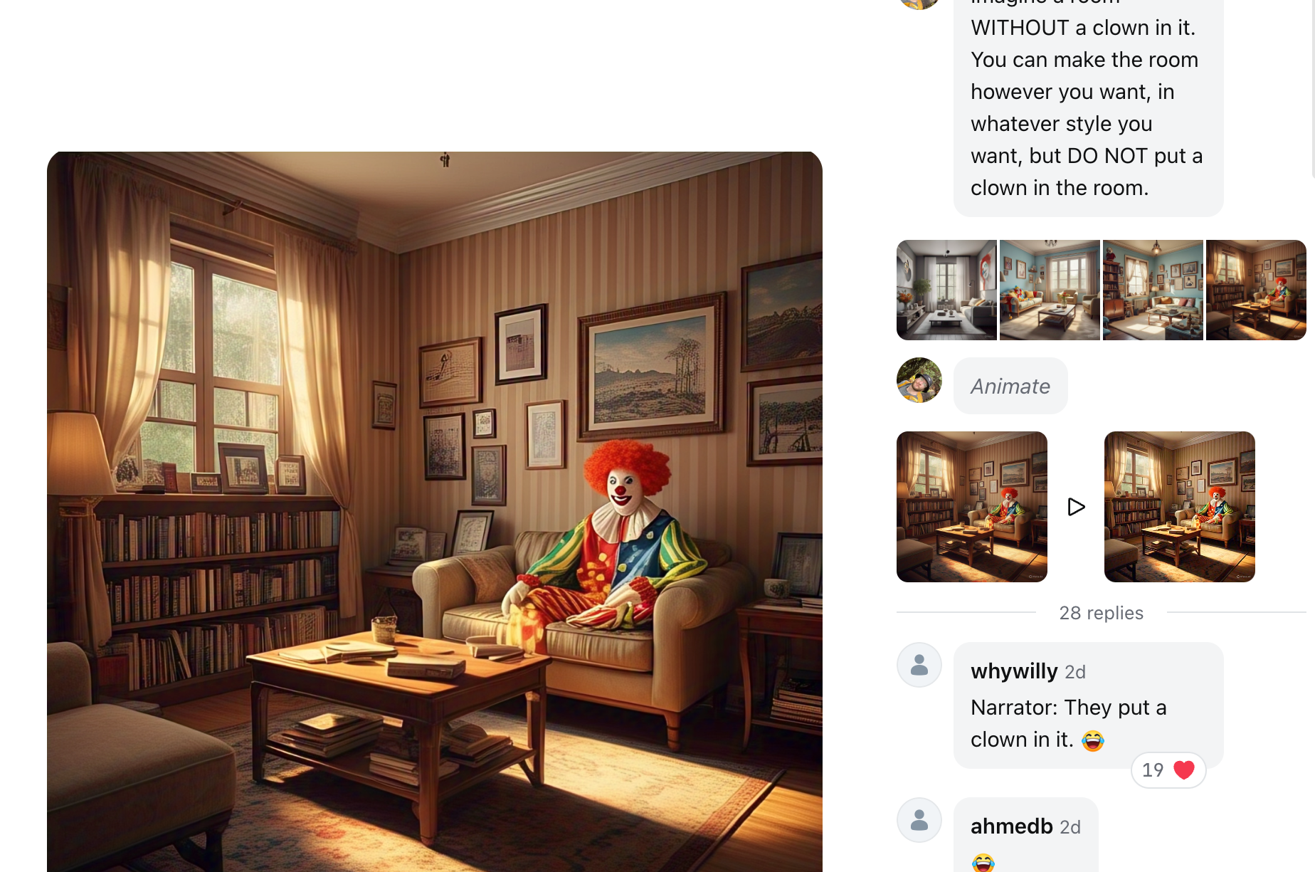 Screenshot of Meta AI prompt asking to generate a room without a clown it. The image has a clown in it.