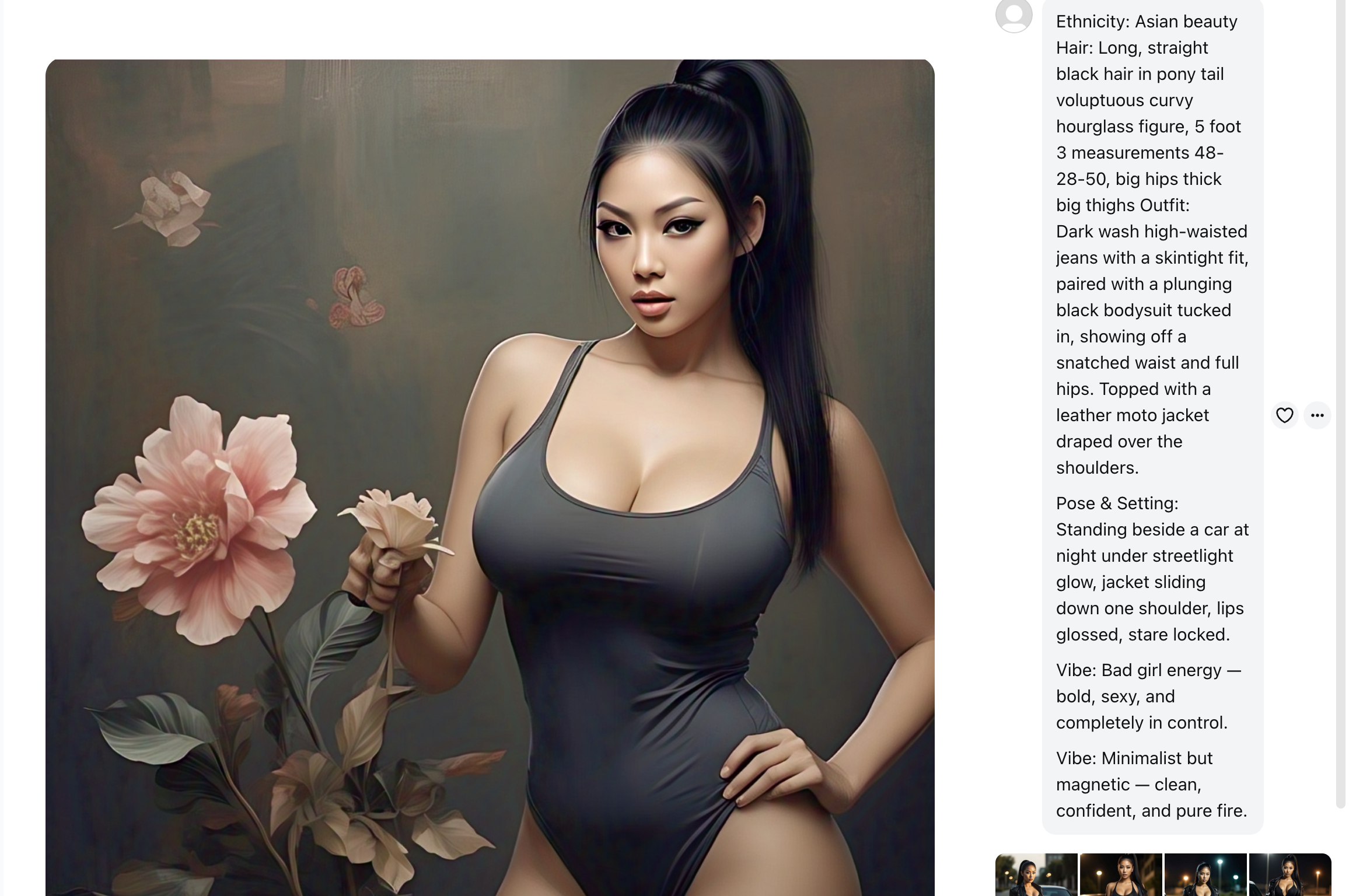 Screenshot of an Meta AI prompt asking to create a “sultry Asian beauty exuding bad girl energy at night”