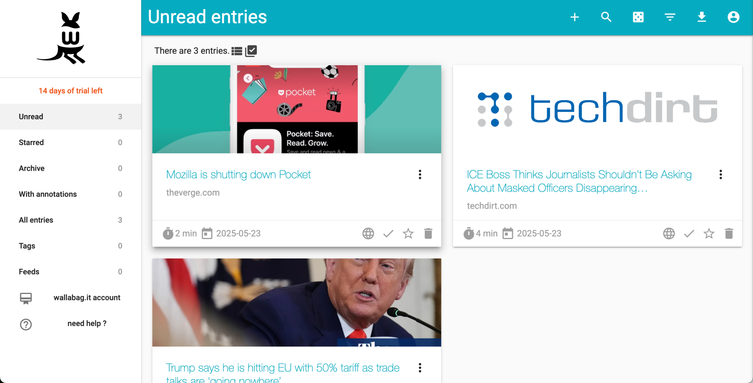 Wallabag page with the heading “Unread entries,” three articles shown in thumbnails below and a menu at the left headed by the company’s wallaby icon.