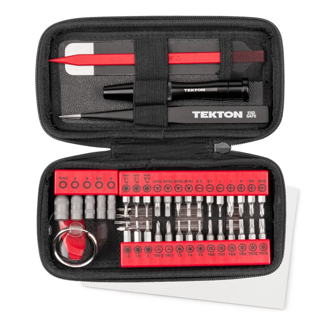 Open screwdriver tool kit showing all the various bits and parts.