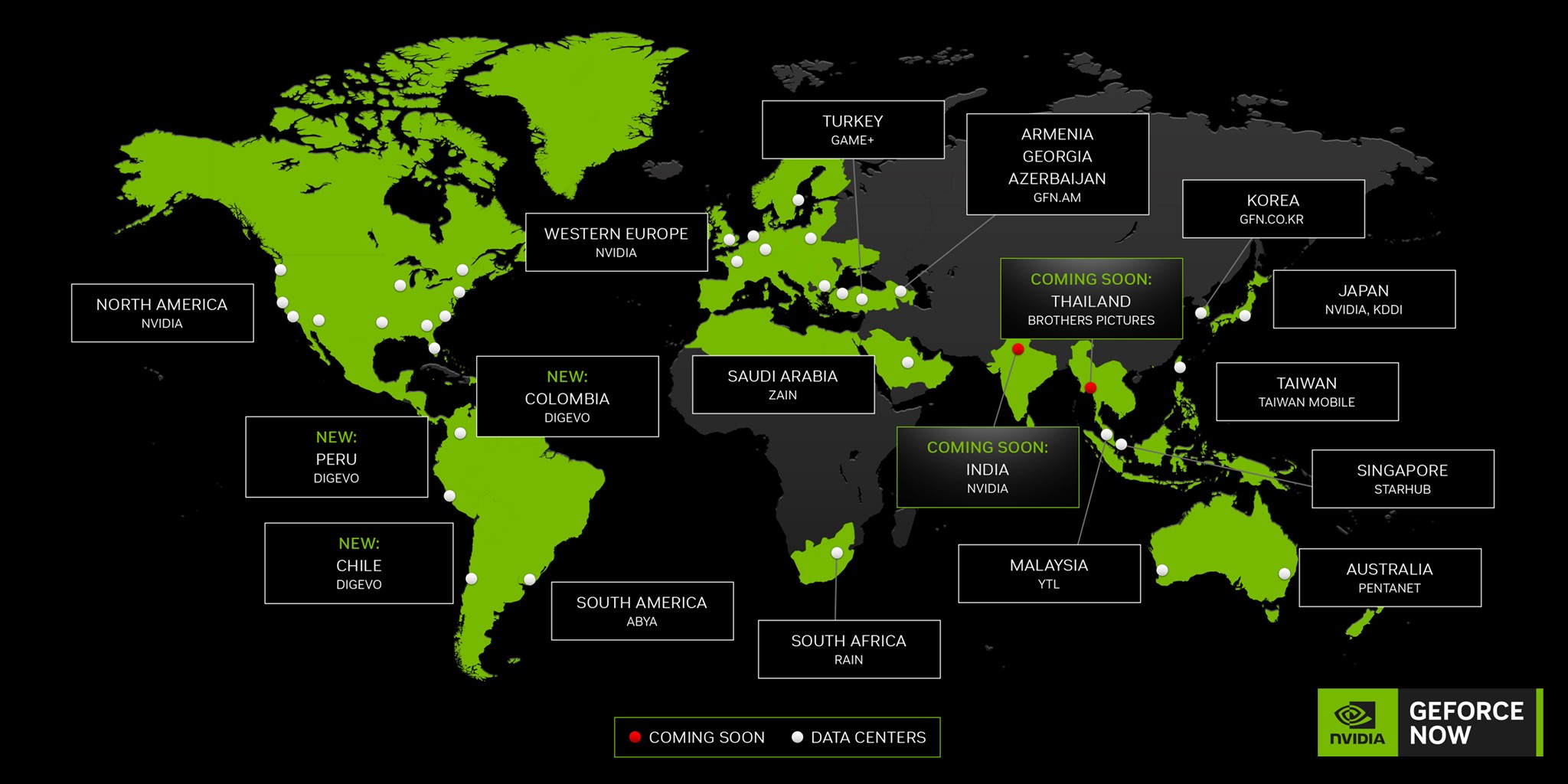 Rough server locations for GeForce Now; you can get a better idea by