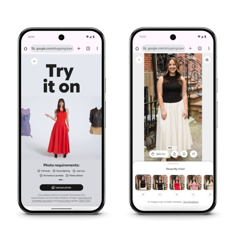 Screenshots of Google’s new AI try-on feature