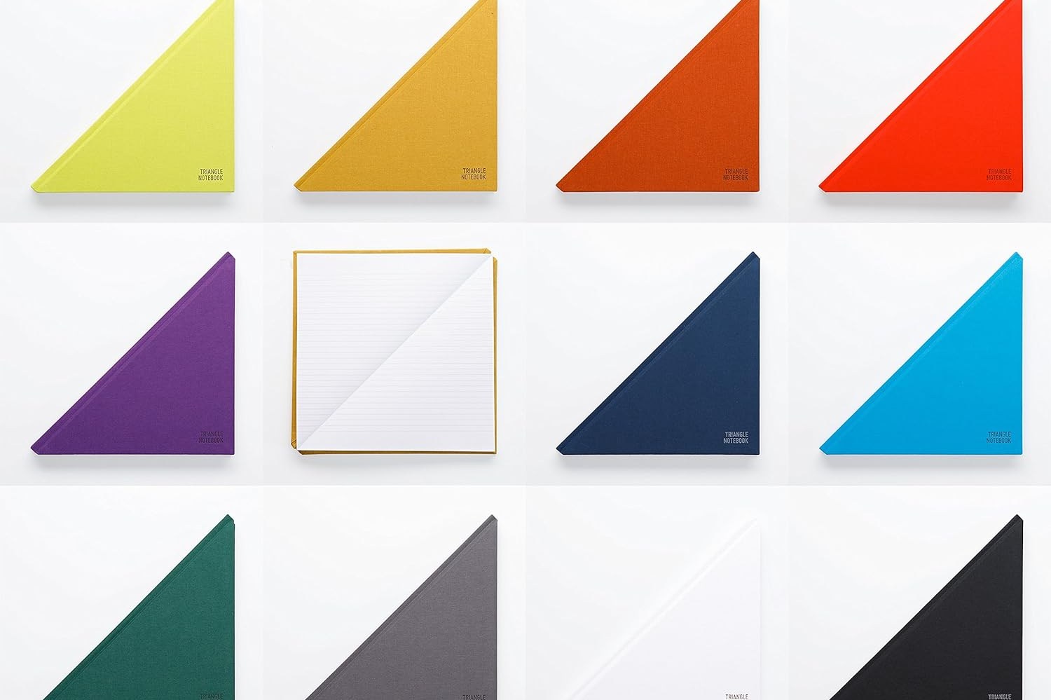 Three rows of four varicolored triangles with one in the second row opened to show a notebook.