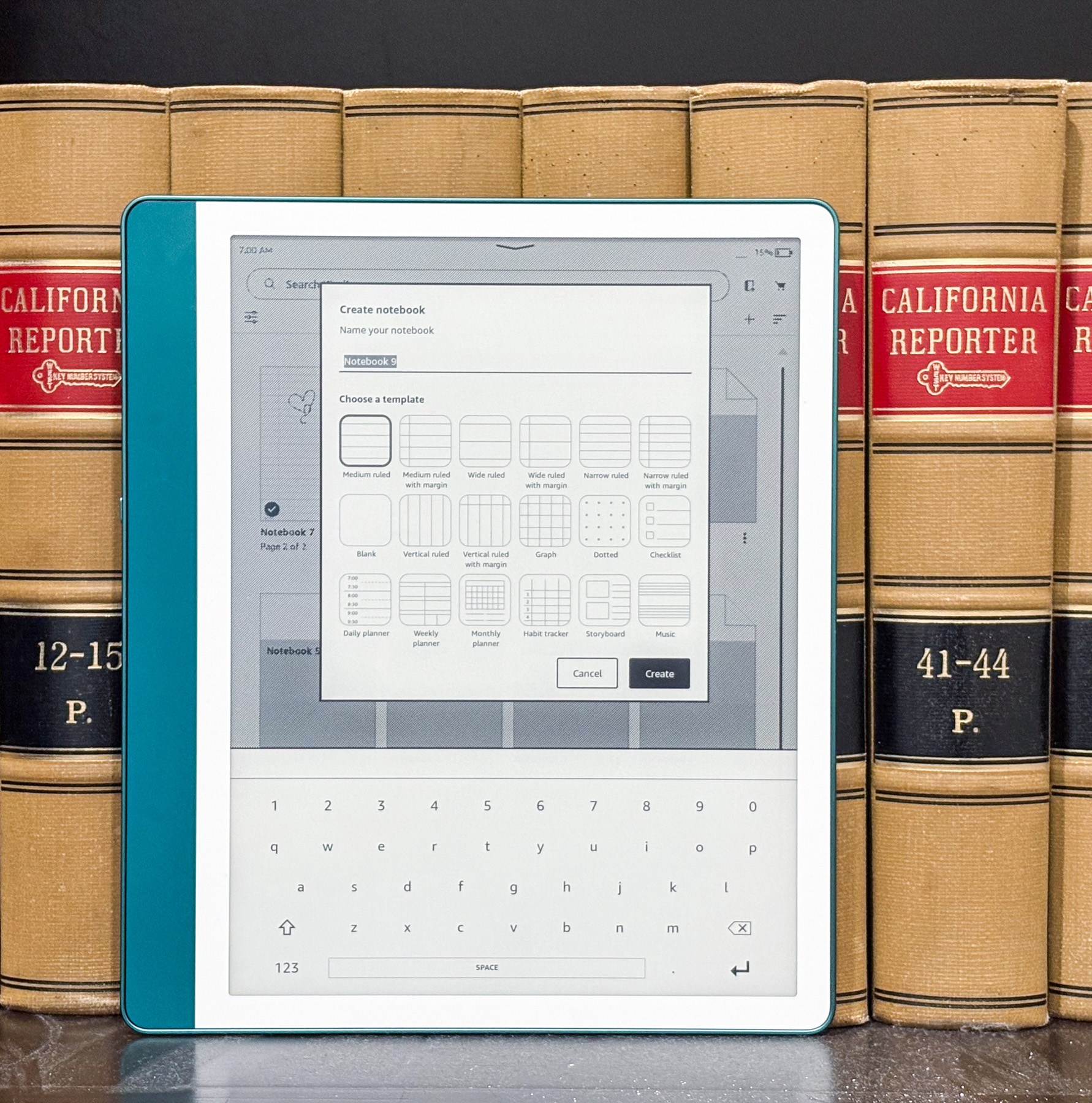 The Kindle Scribe sitting on a bookshelf, with its display featuring some of the other templates and pages Amazon provides.