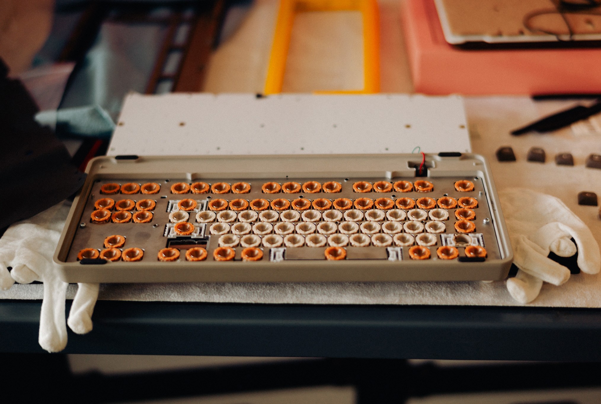 A Seneca mid-assembly, viewed from the underside. You can see the flexible dome and conical spring for each key, before the PCB is attached. The modifiers use heavier domes than the alpha keys by default.
