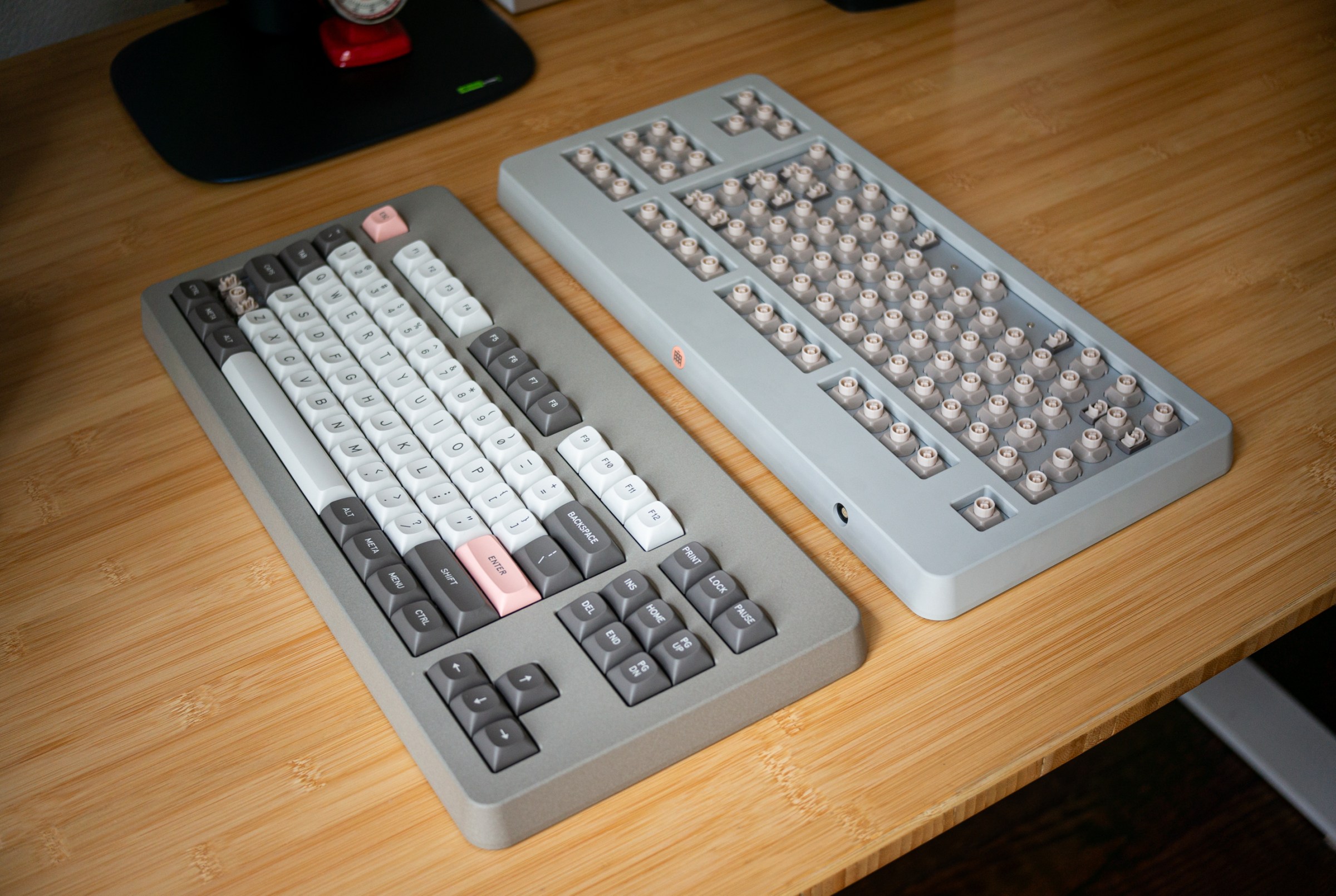Two of the Seneca’s color options: travertine (left) and oxide (right, without keycaps).