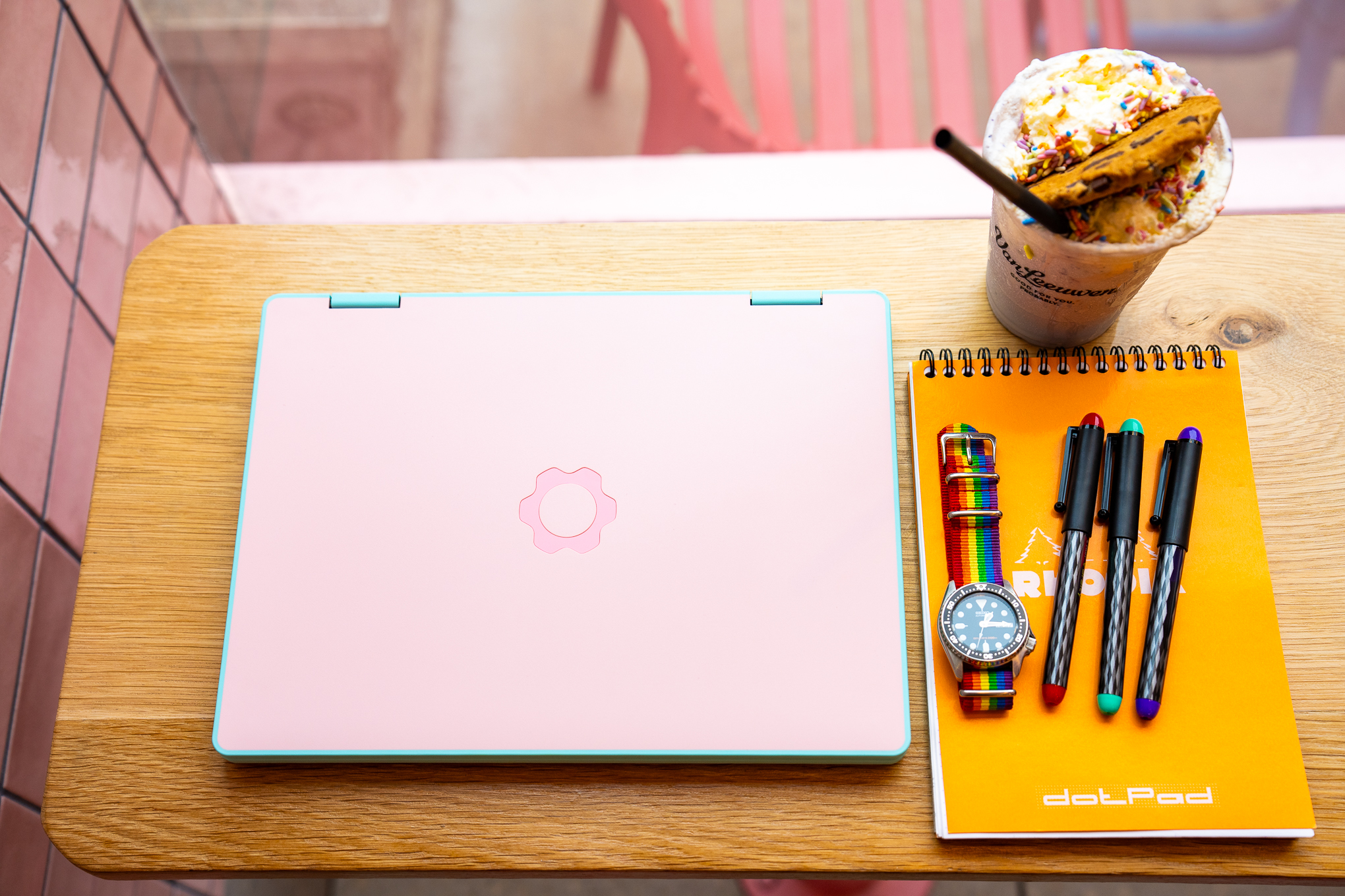 Few laptops turn heads in public like this bubblegum color combo does.
