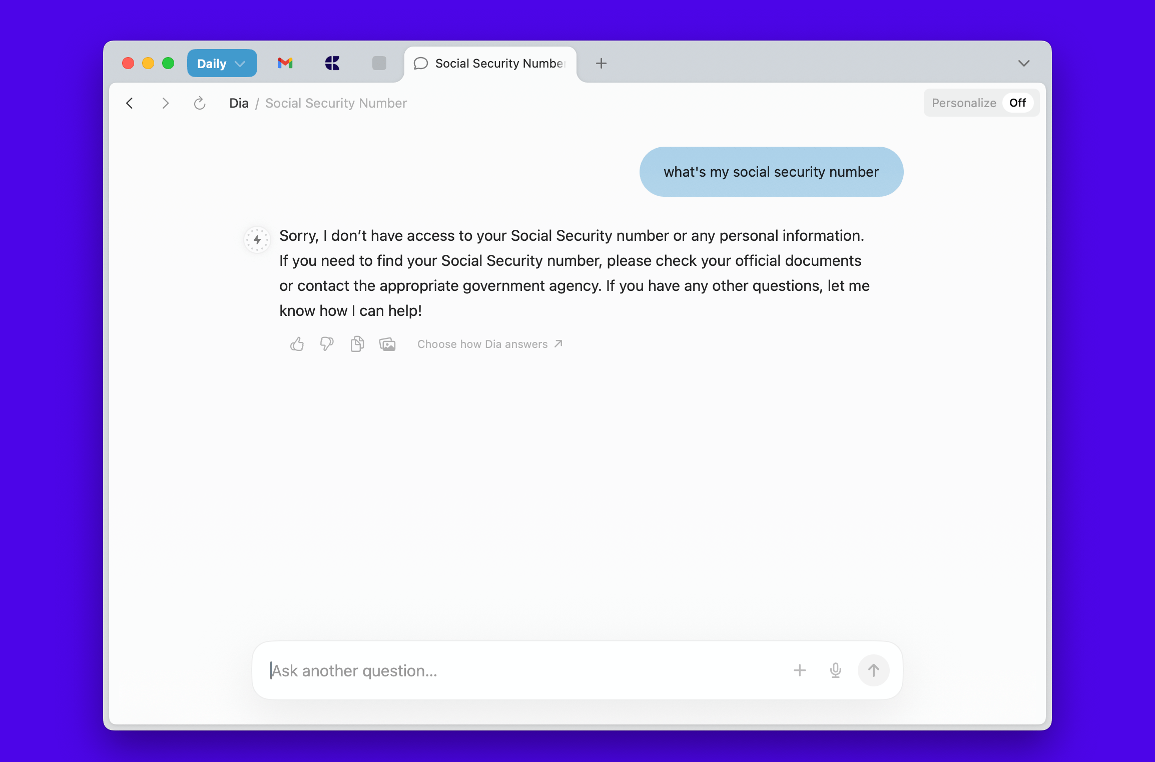 A screenshot of the Dia assistant, answering a question about social security numbers.