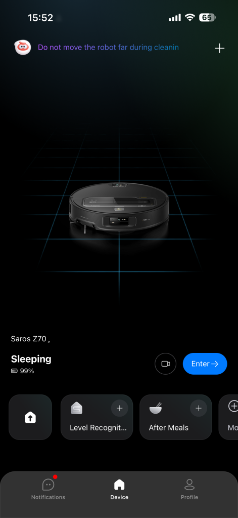 Screenshot of Roborock app home page for Saros Z70