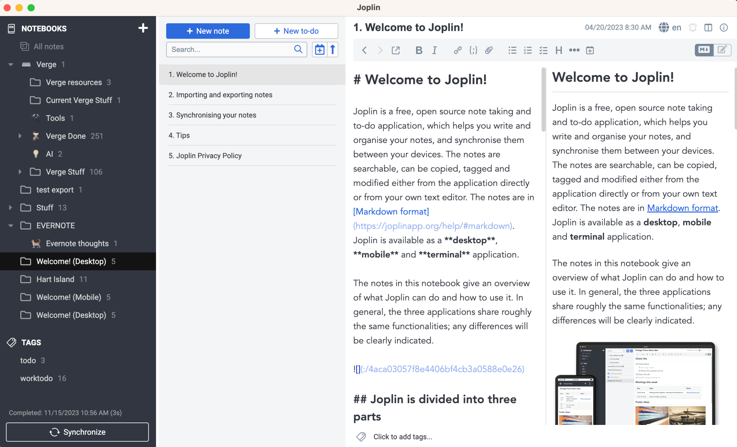 Joplin page with dark Notebooks listing at left, then list of notes to the right of that, then two versions of the same article, one in Markdown and one in rich text.