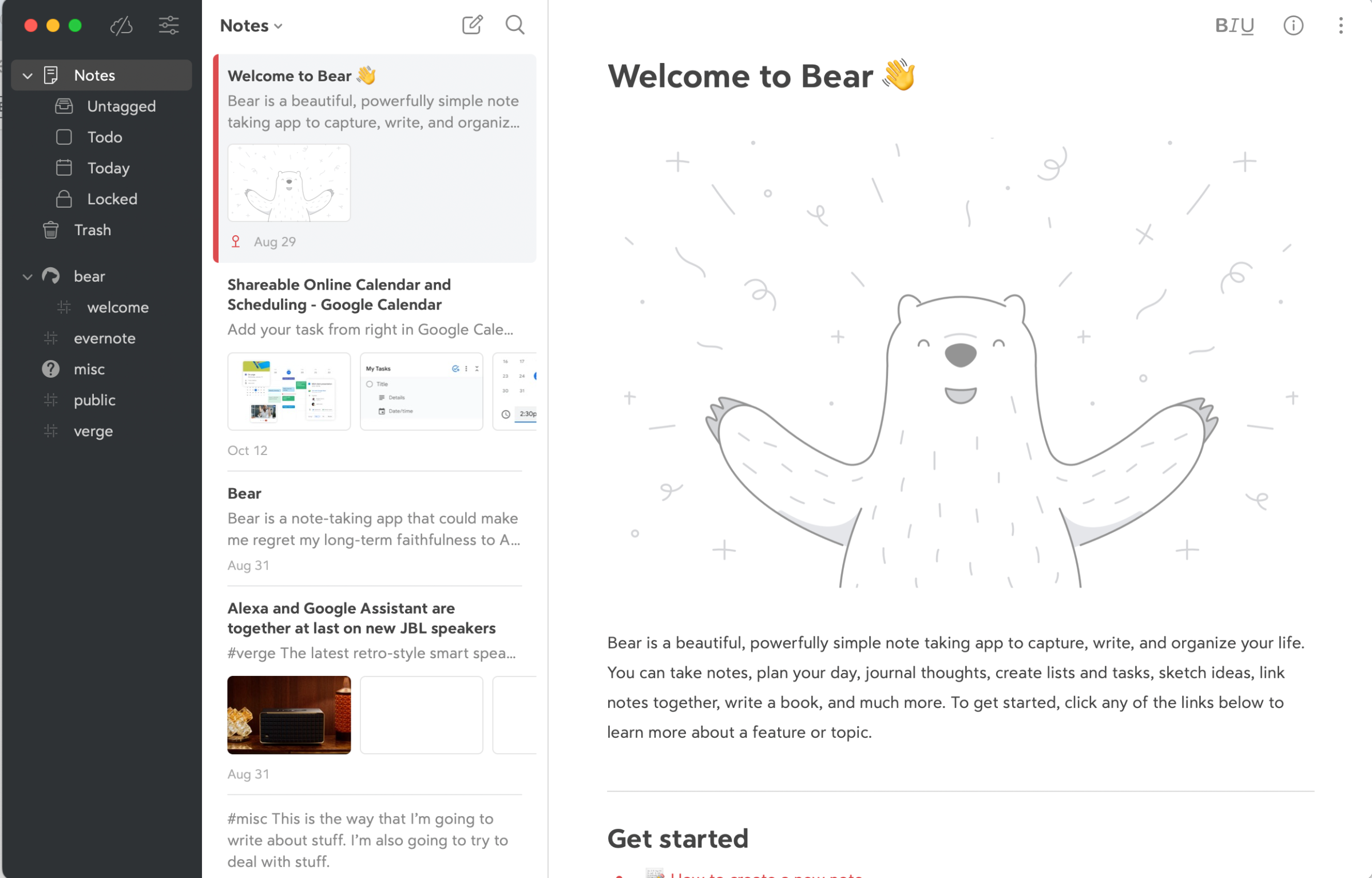 Screenshot with list of categories and tags on left, list of notes to the right of that, and a note with the heading Welcome to Bear and a drawing of a bear to the right of that.