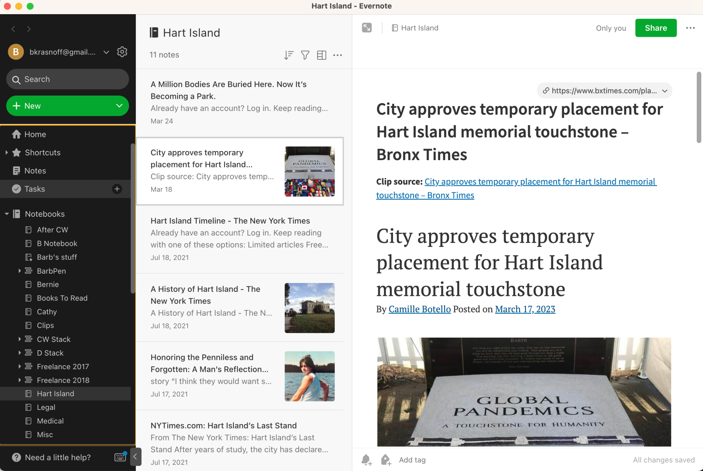 List of categories on left headed by a search box and green New button, to the right a list of articles about Hart Island, to the right of that, the contents of one of those articles.