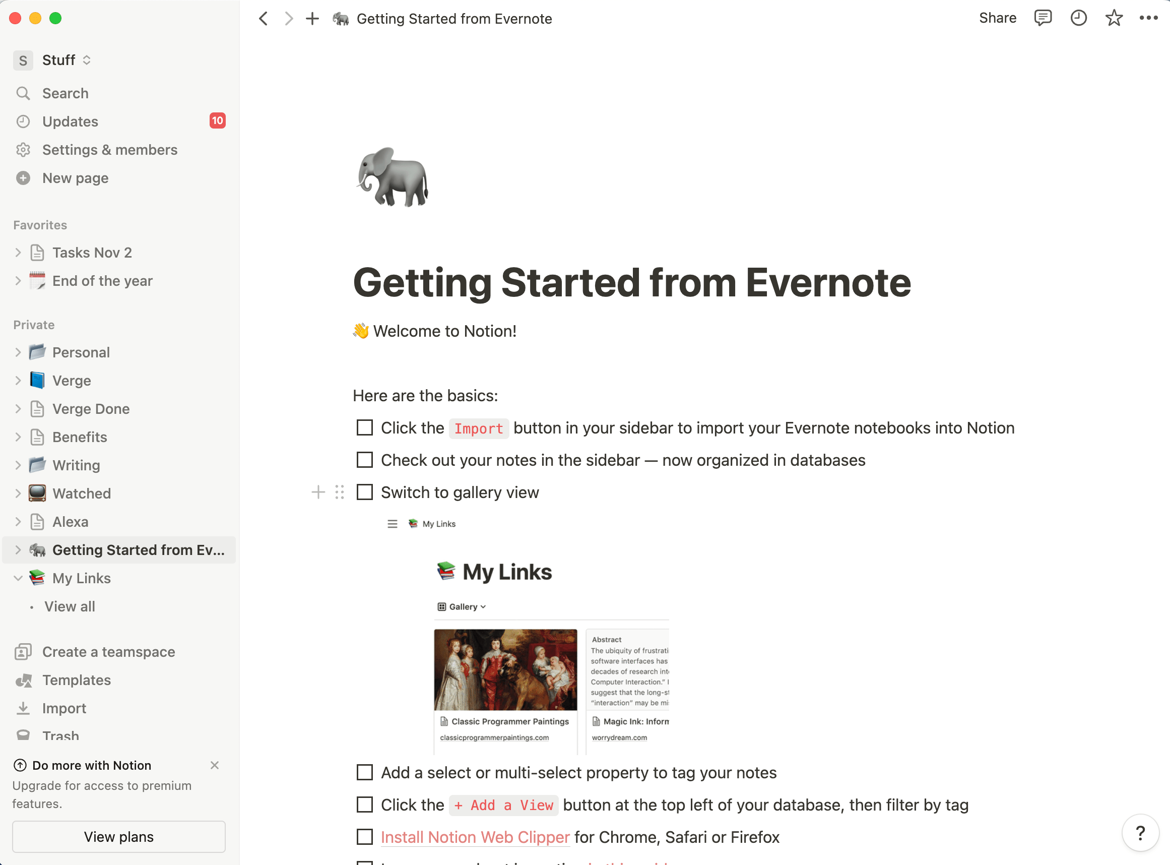 Notion page with list of folders on the left, and a page on the right with a picture of an elephant and headed Getting Started from Evernote.