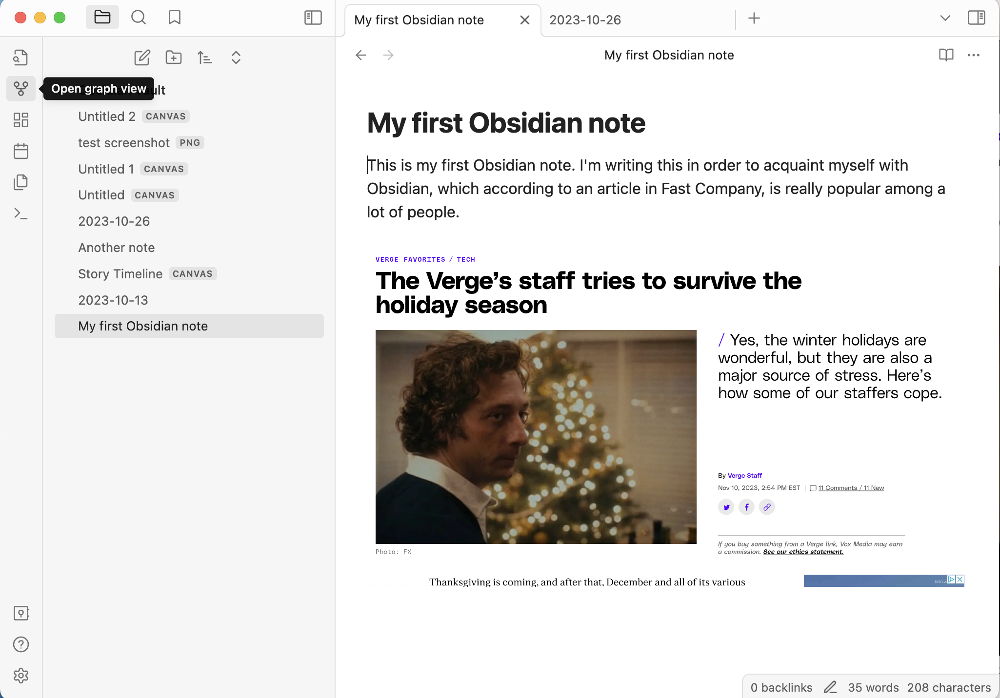Obsidian page with list of notes on left, and note titled My first Obsidian note and a photo from The Bear on the right. An icon at far left has a popup caption Open graph view.