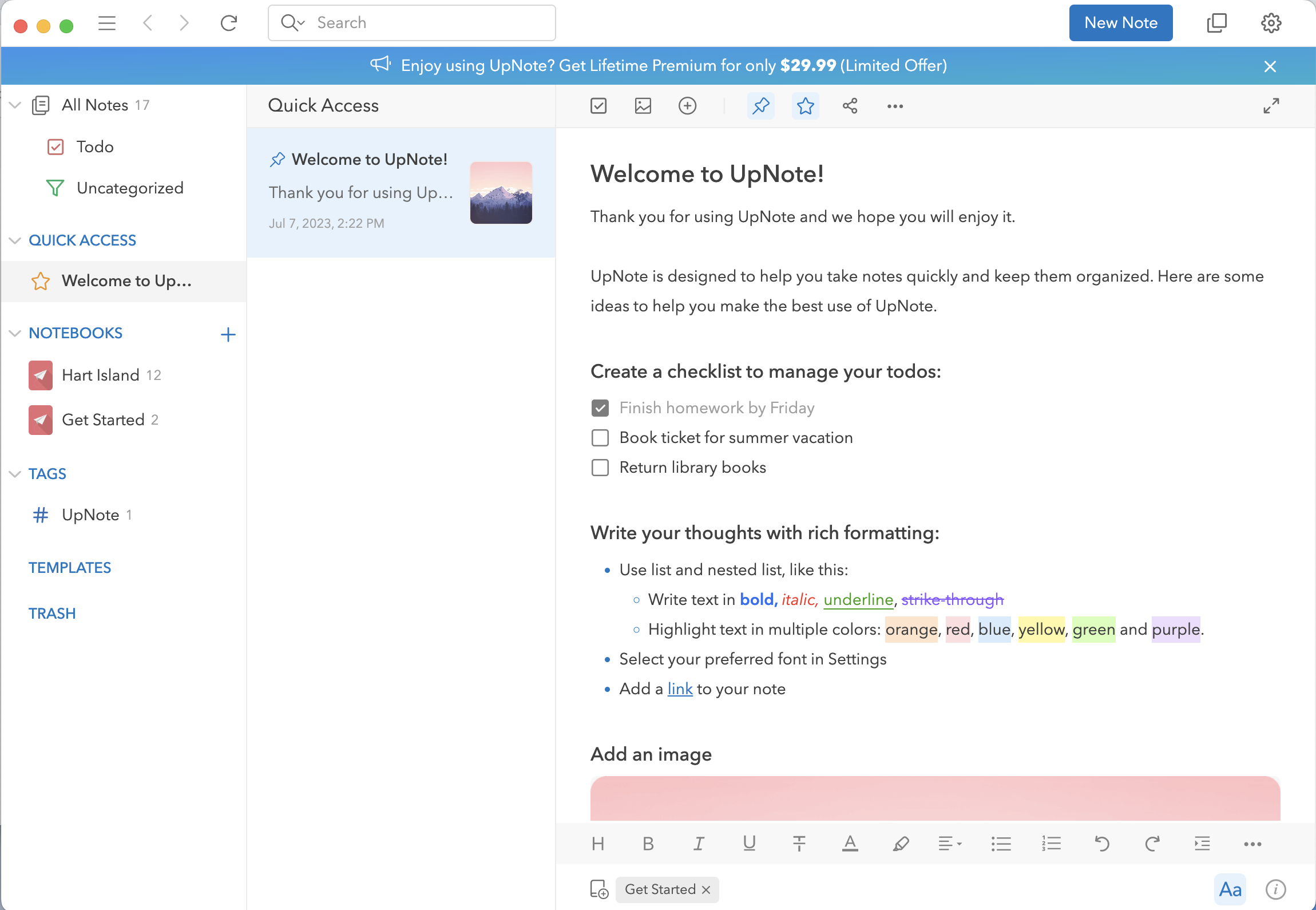 UpNote format with Quick Access, Notebooks, and Tags listed on left, Quick Access note listed next to it, and the text of the note headed Welcome to UpNote! in main window.