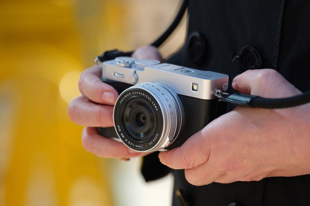 Fujifilm X-E5 camera in silver finish with pancake lens