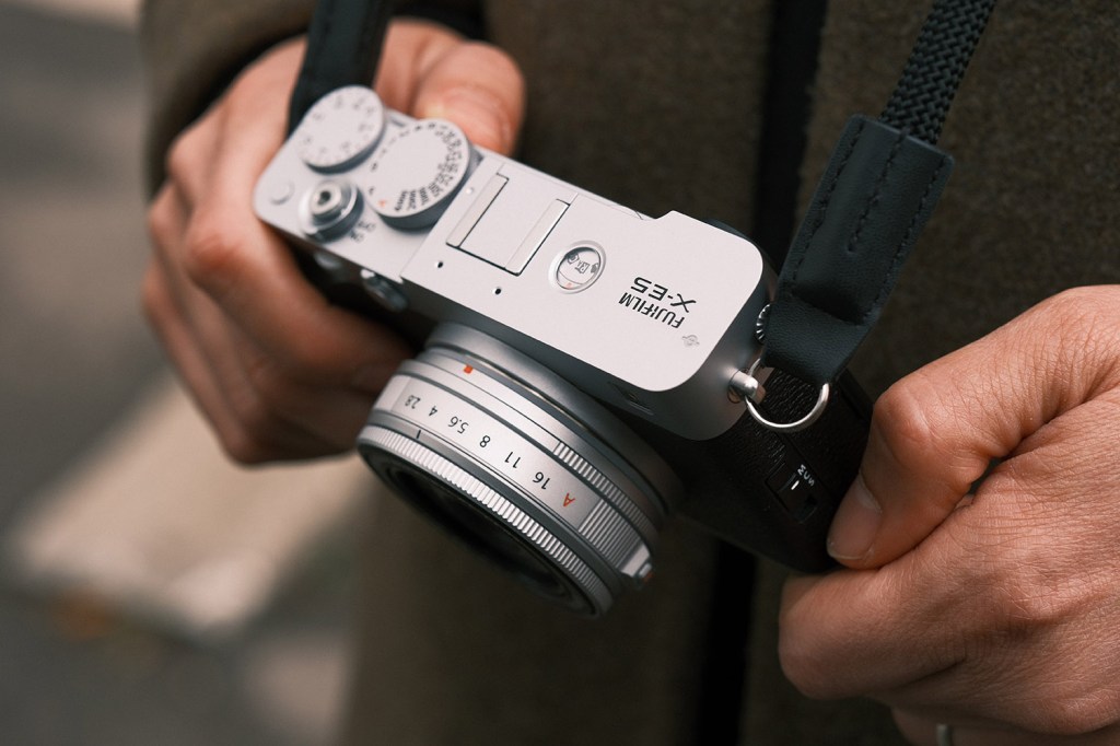 Fujifilm X-E5 camera in silver finish with pancake lens