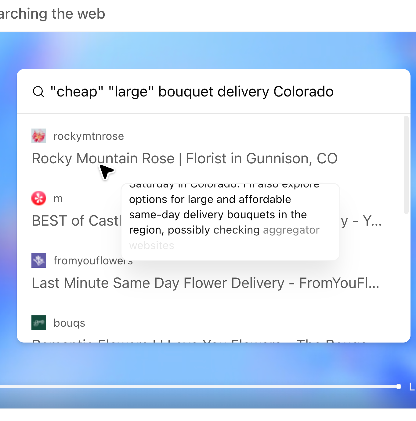 A screenshot of The Verge testing ChatGPT Agent looking for flowers in Colorado
