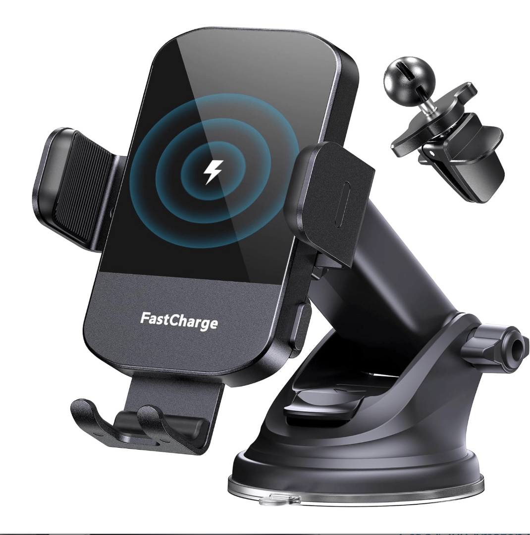 Car phone holder with wireless charging back and stand.