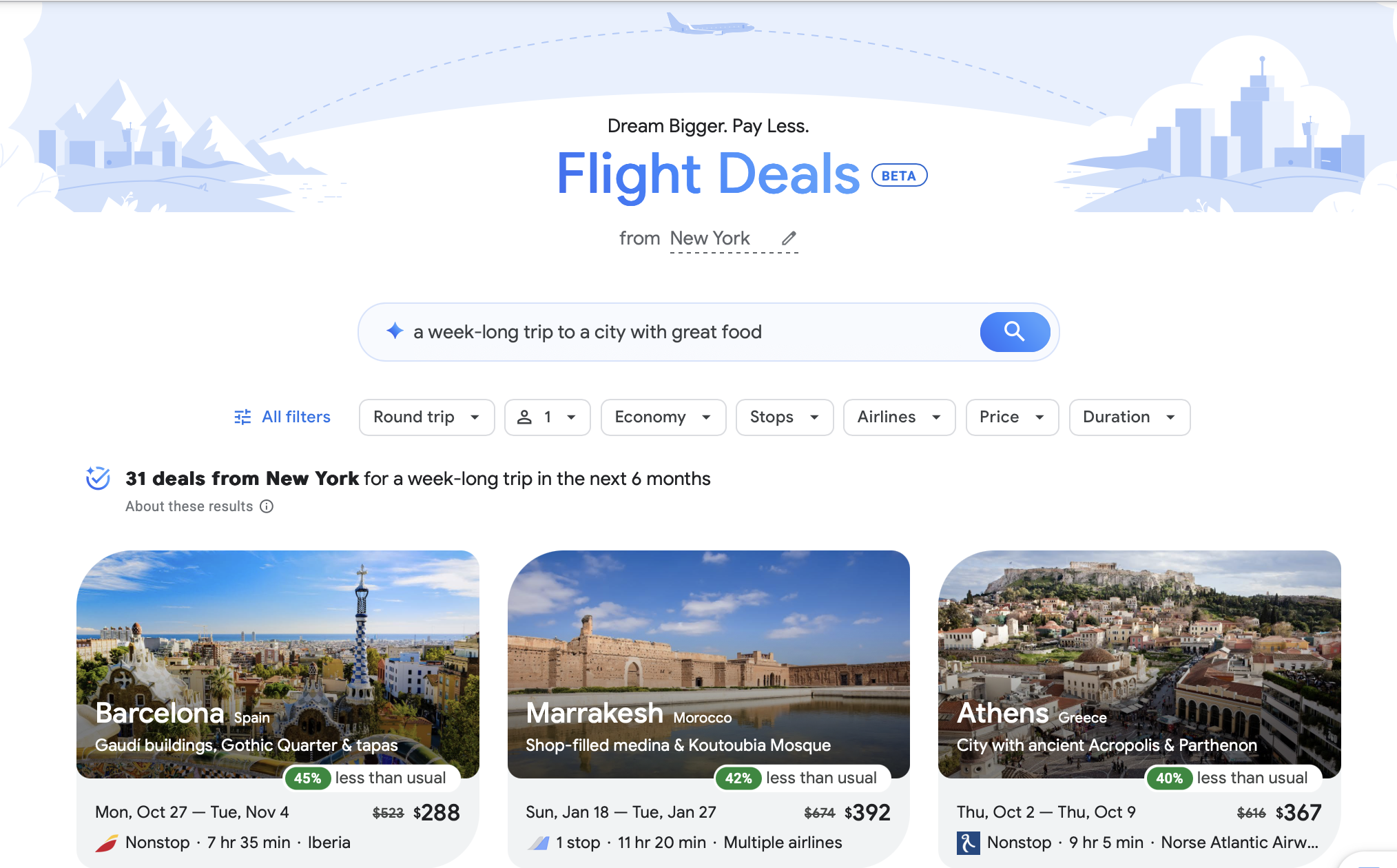 Google’s Flight Deal page with several photos of airports and places.