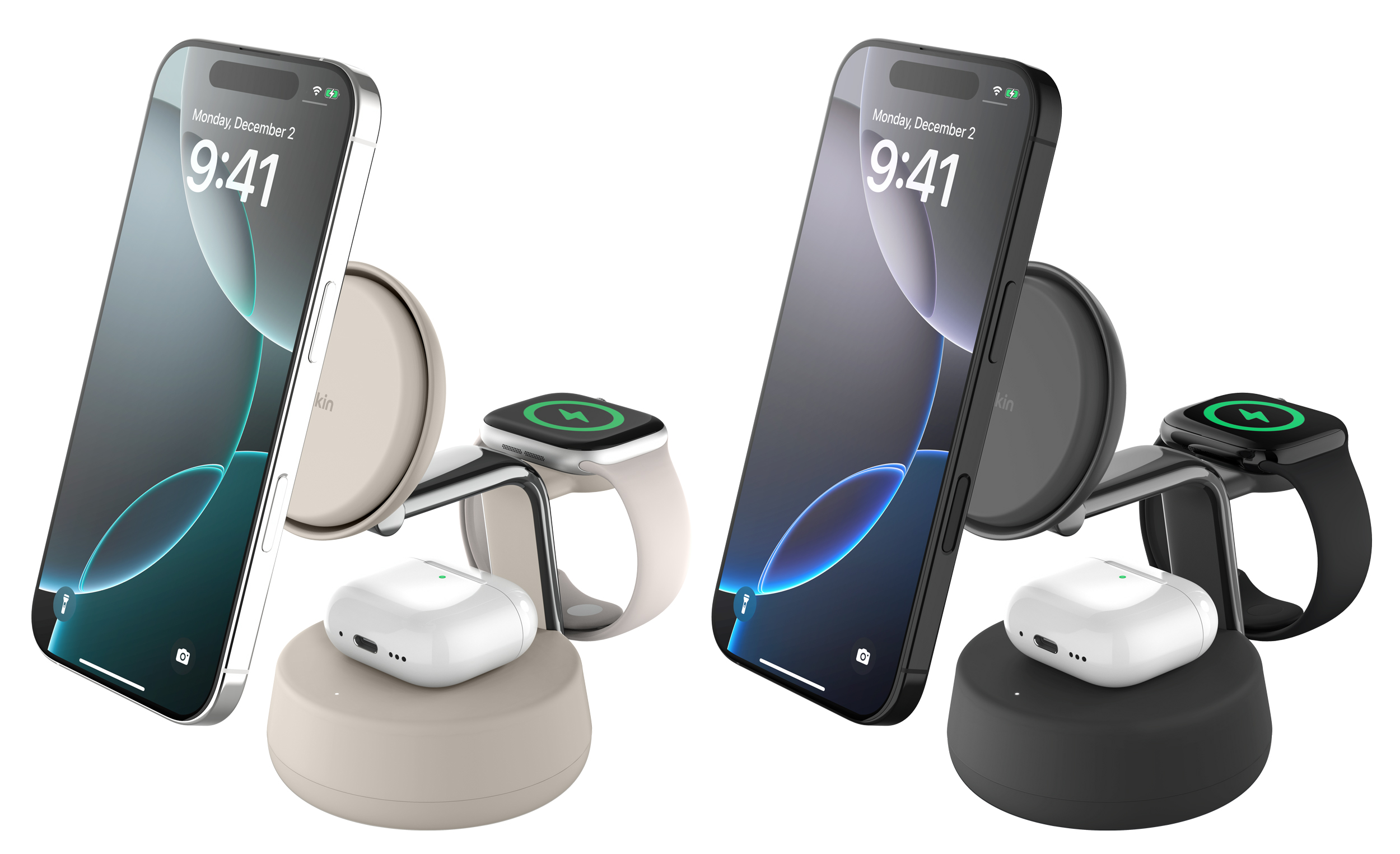 The Belkin UltraCharge Pro 3-in-1 shown in two color options.