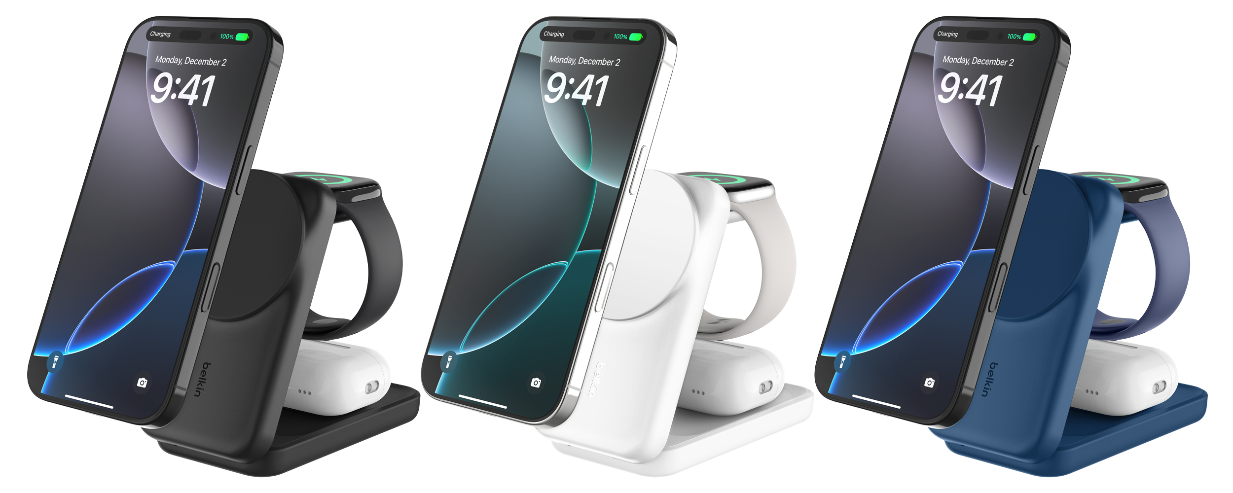 The Belkin UltraCharge 3-in-1 shown with accessories attached in three color options.