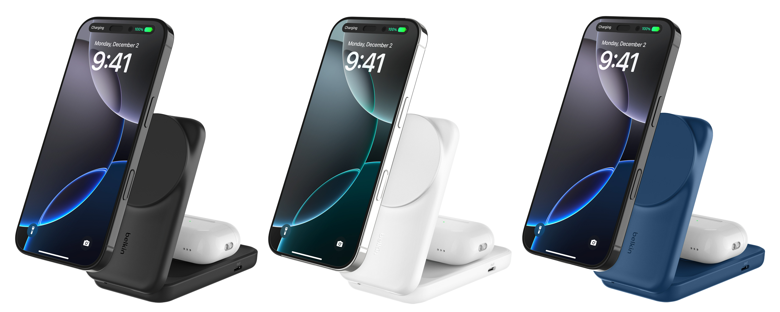 The Belkin UltraCharge 2-in-1 shown with accessories attached in three color options.