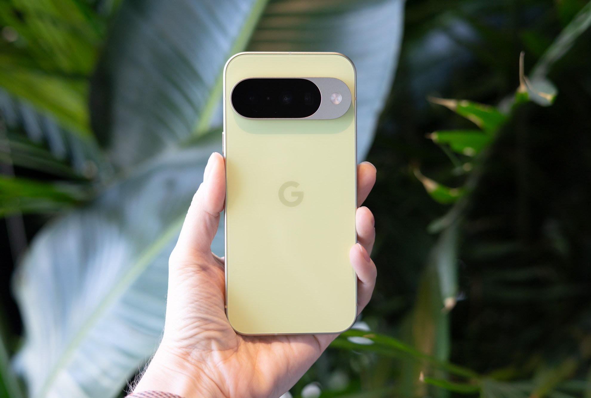 Google Pixel 10 in front of green foliage