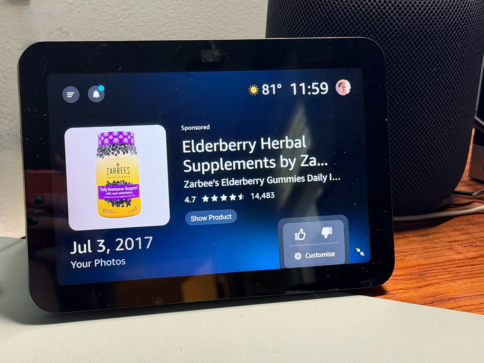 My Echo Show has recently started displaying full-screen ads such as this one for elderberry supplements.