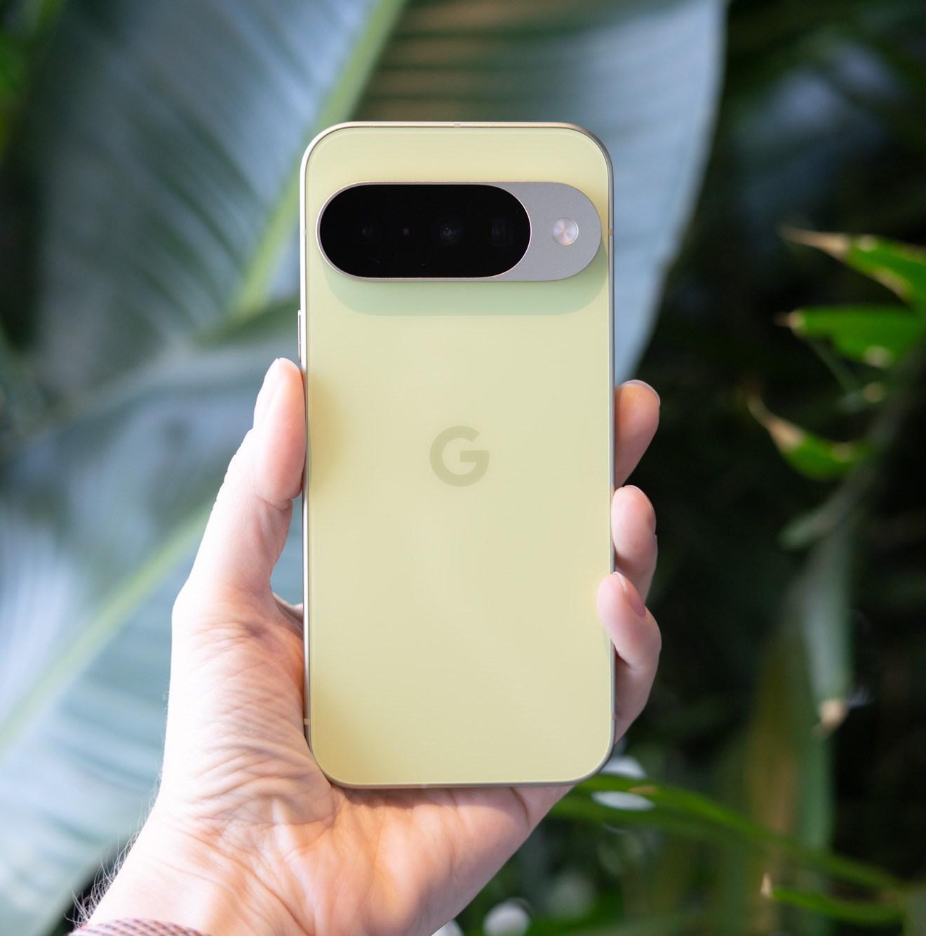 Google Pixel 10 in front of green foliage
