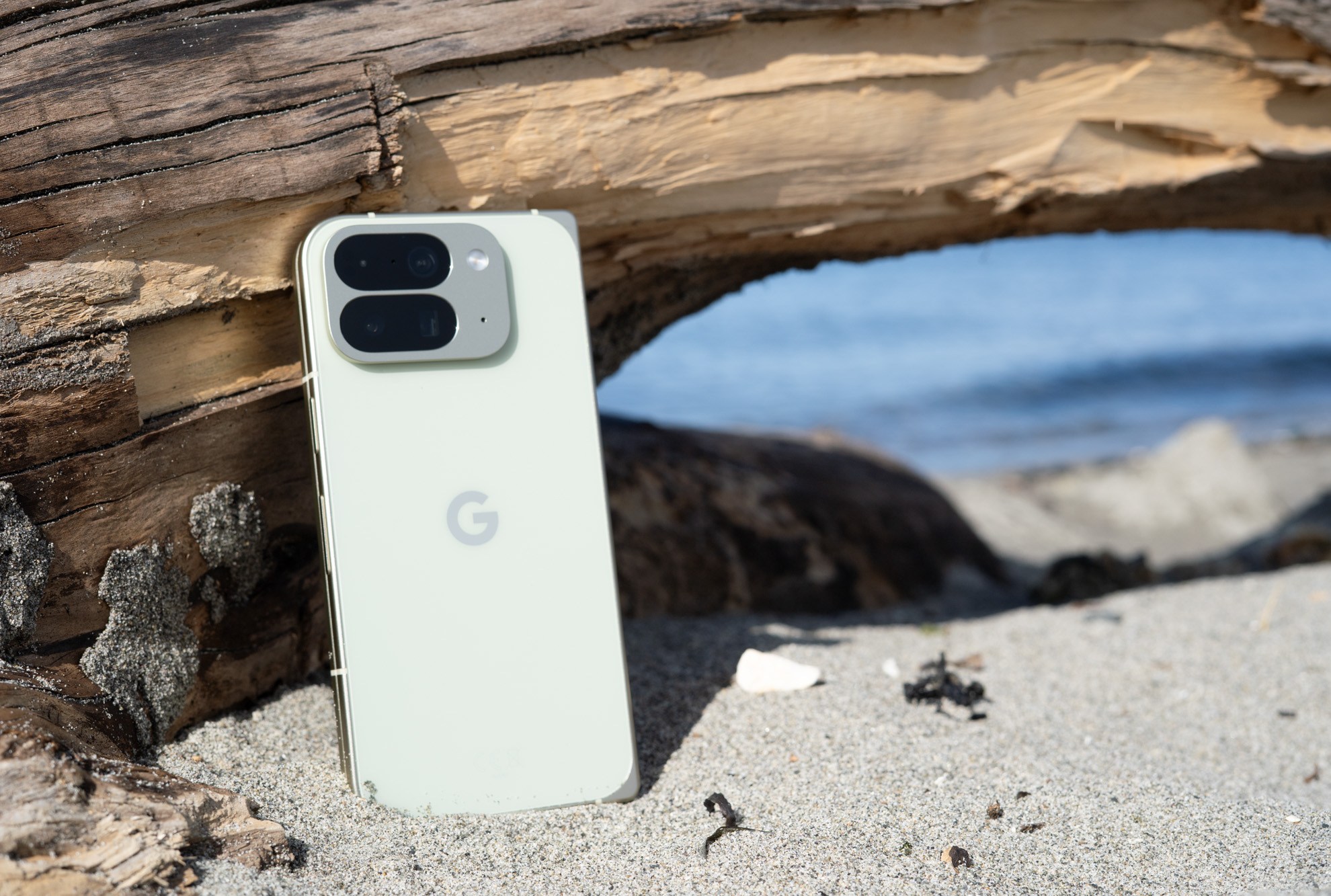 Google Pixel 10 Pro Fold on a sandy beach.