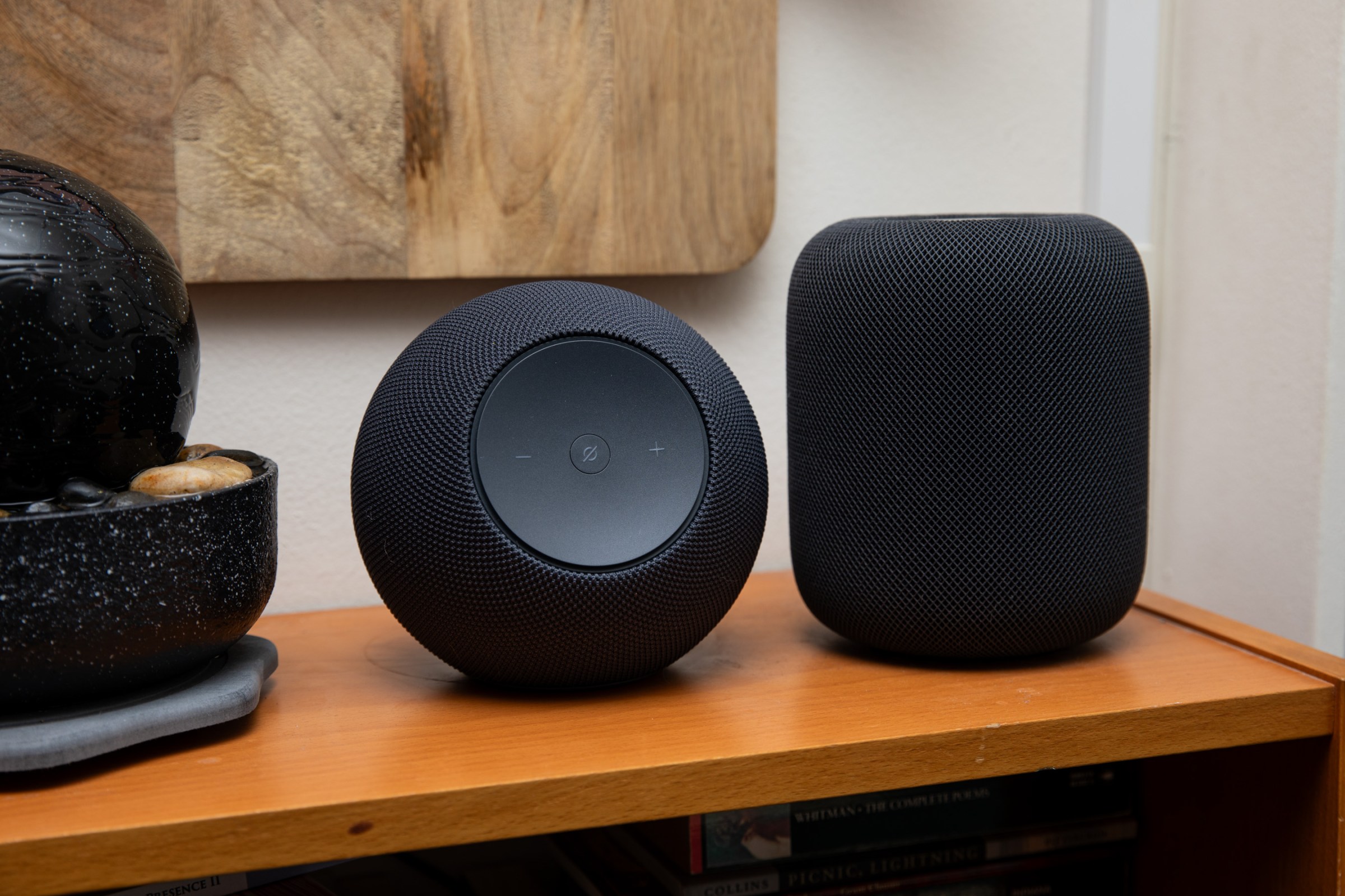 The Amazon Echo Studio and Apple HomePod on a shelf next to a small fountain.