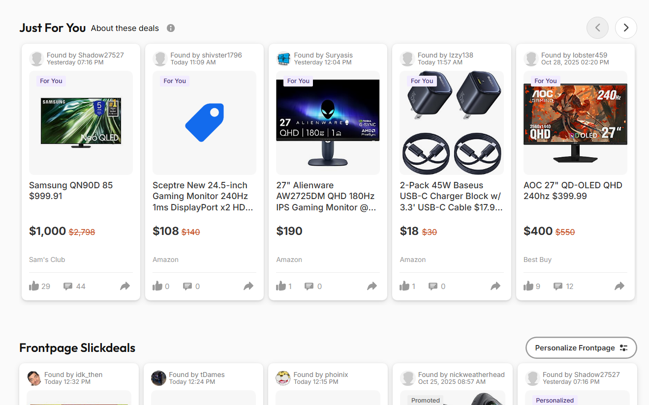 An image of the Slickdeals website interface, showing a range of product discounts that are catered to each user’s interests.
