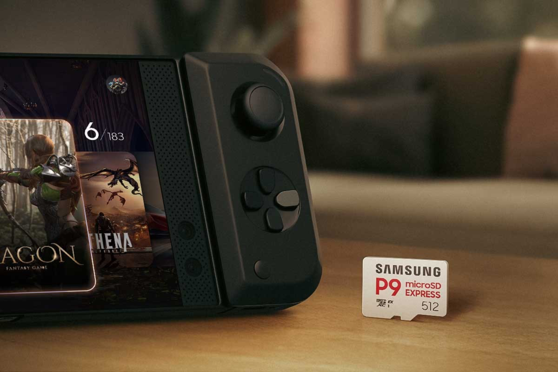 Samsung's P9 microSD Express card next to an Android phone with a controller attached.