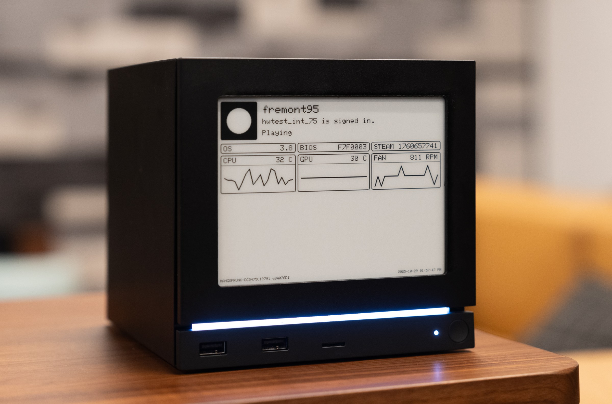 The e-paper display that Valve internally built for this Steam Machine displays system stats like CPU and GPU temperature and fan speed.