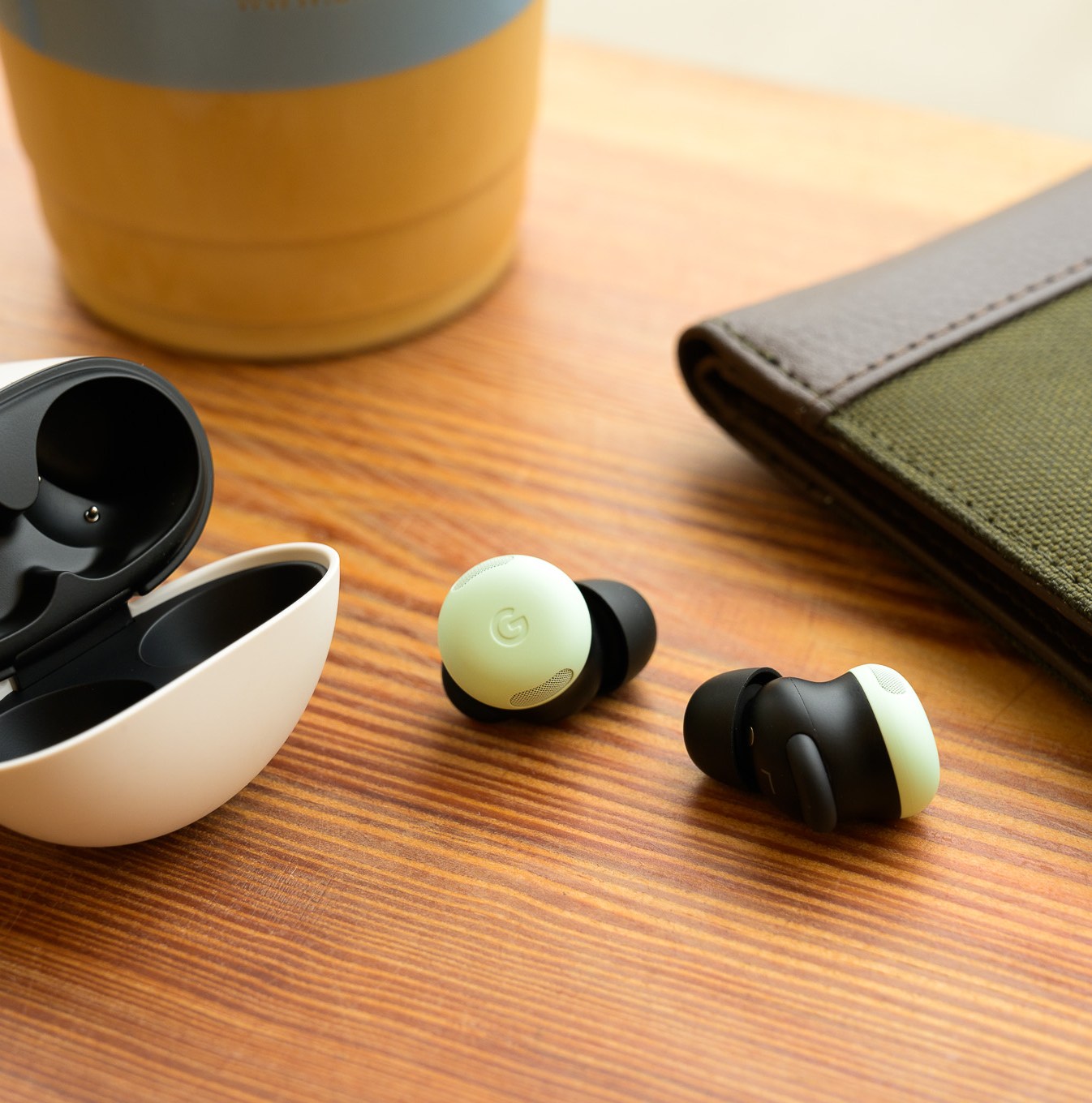 A hands-on photo of Google’s Pixel Buds Pro 2 earbuds.
