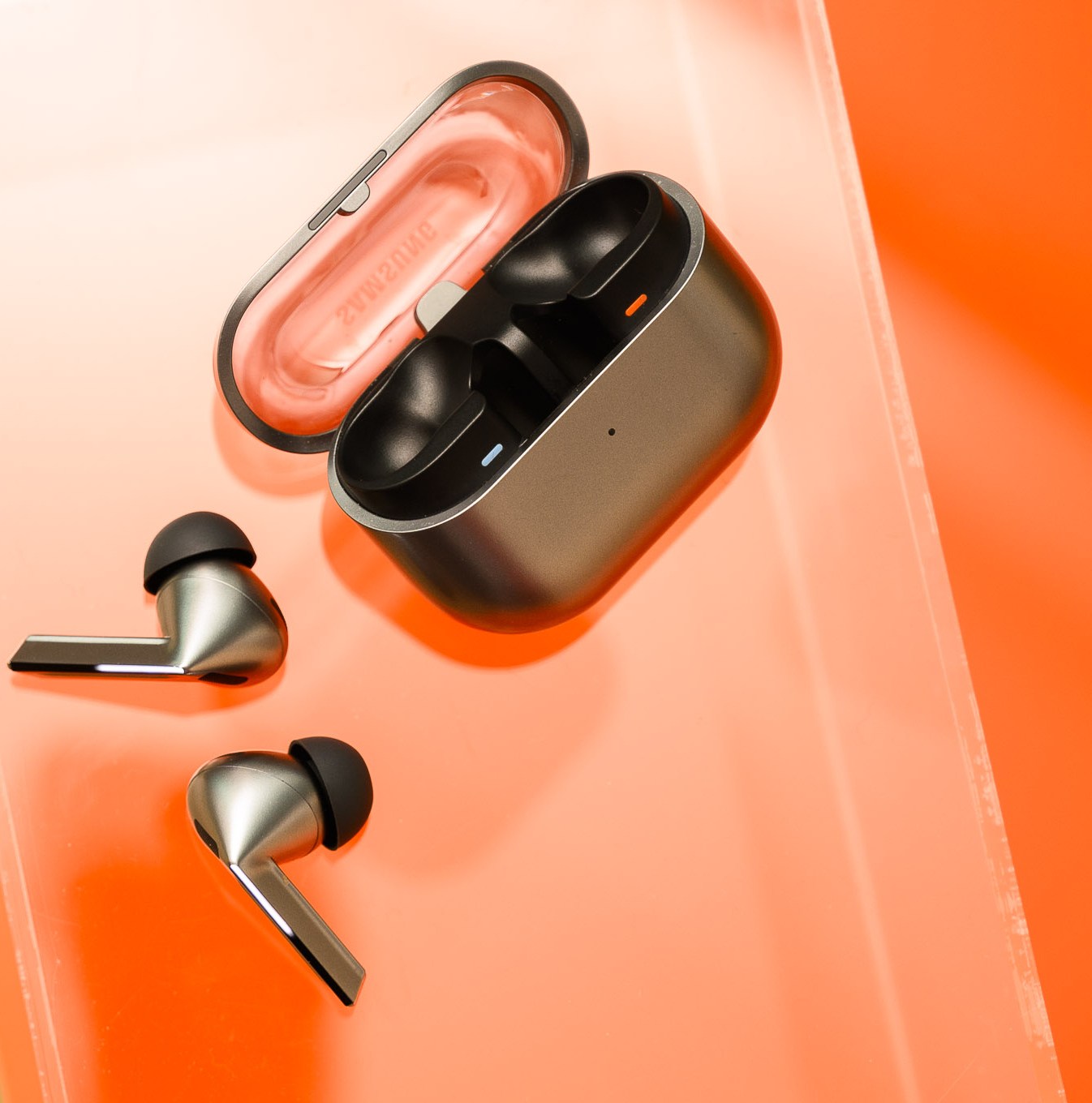 A hands-on photo of Samsung’s Galaxy Buds 3 Pro earbuds.