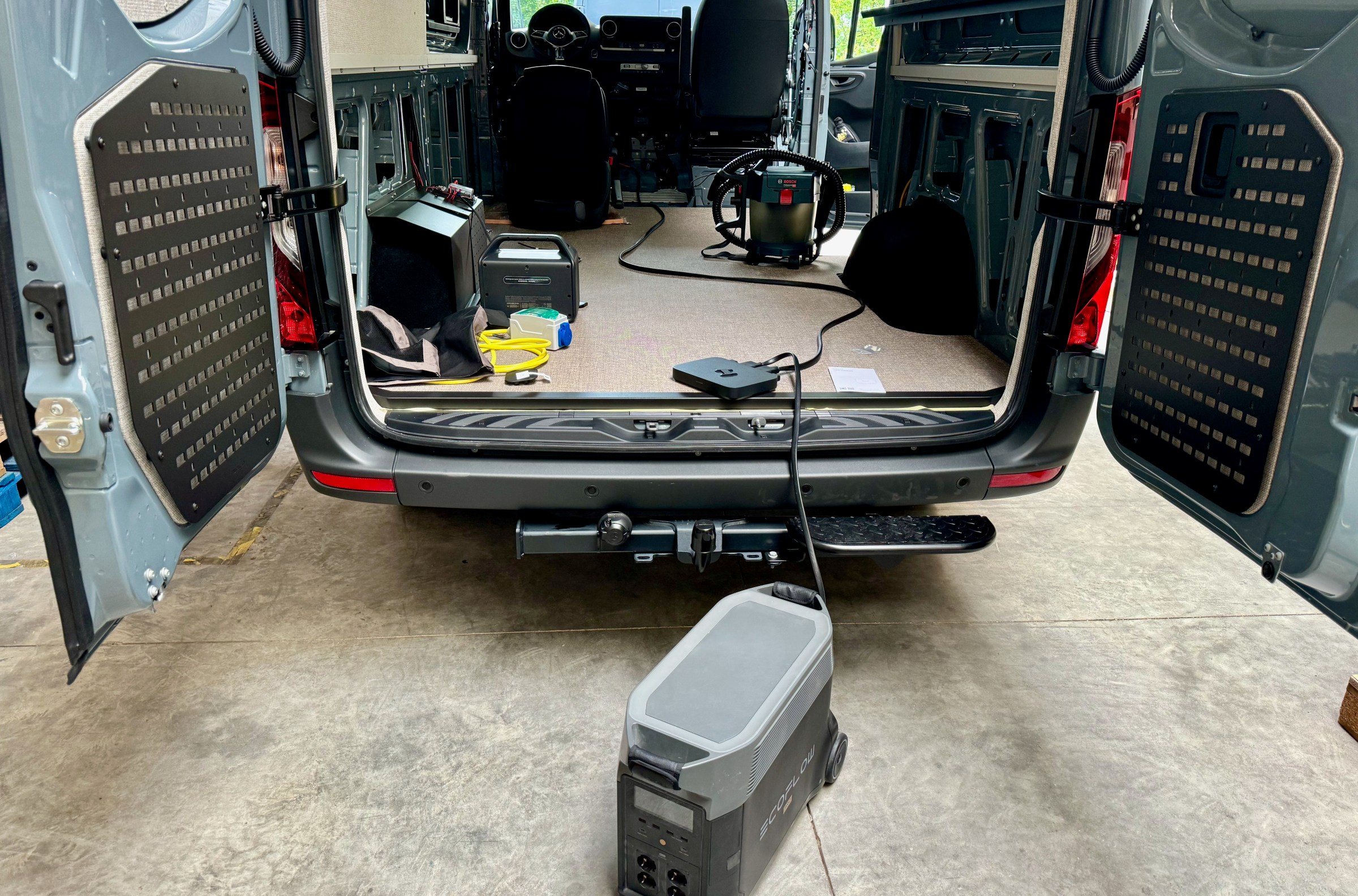 Here I was testing EcoFlow’s alternator charger (wired to the starter battery up front) with an older Delta Pro SoGen, prior to finalizing the installation.