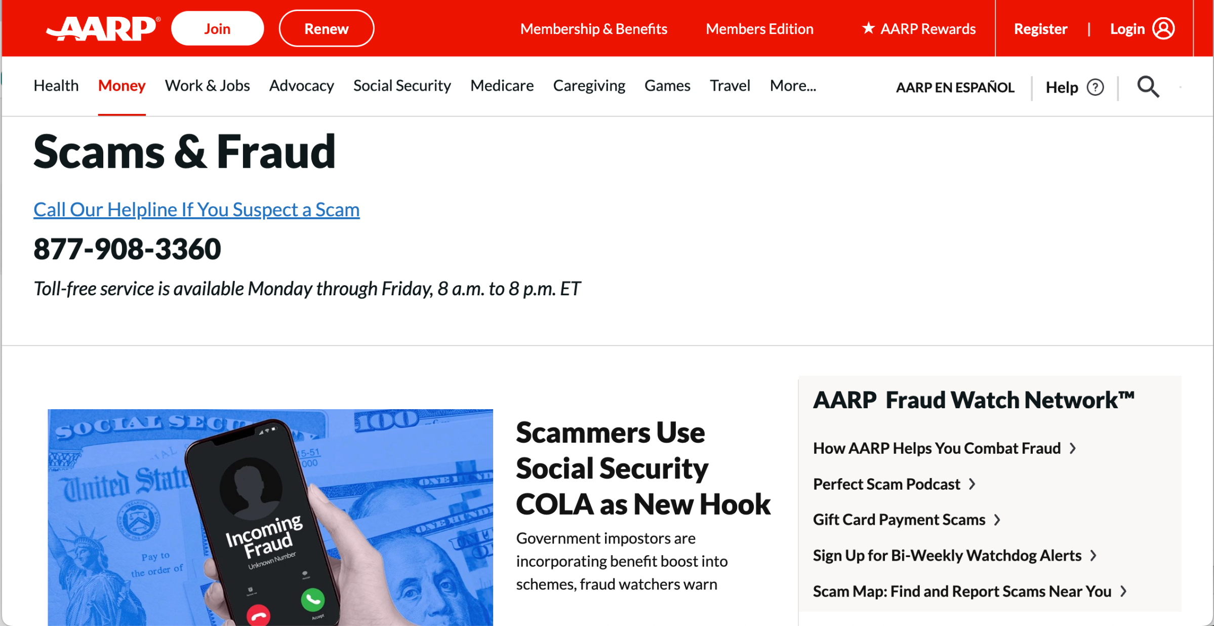 AARP Scams & Fraud page
