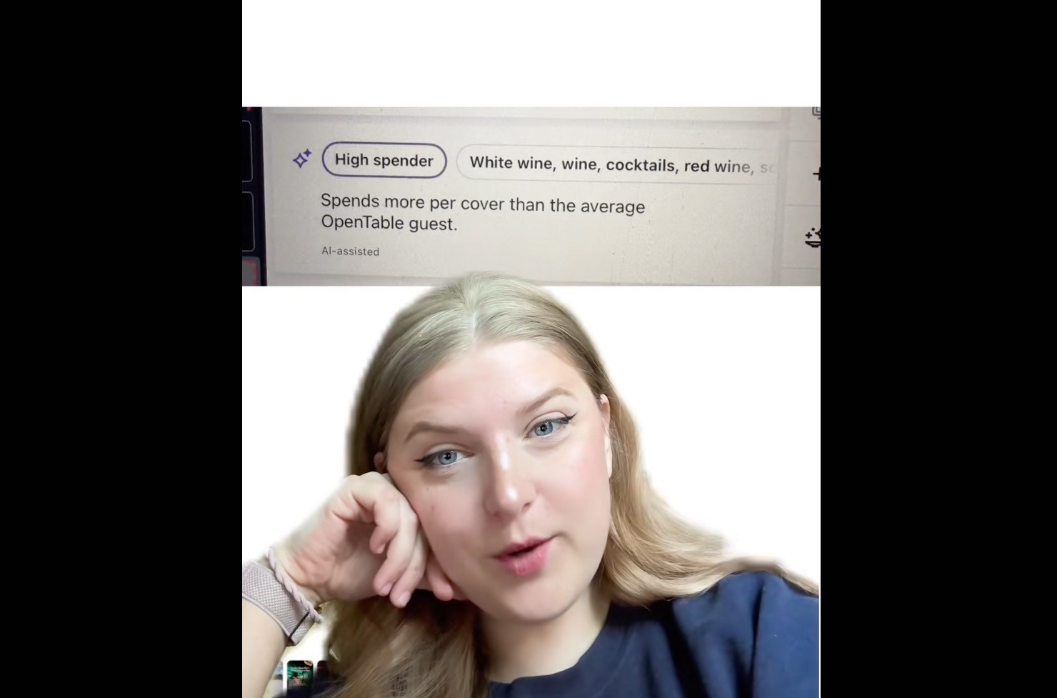 Screenshot of Eating Out Austin video from TikTok showing an OpenTable AI-assisted tag that someone is a high spender